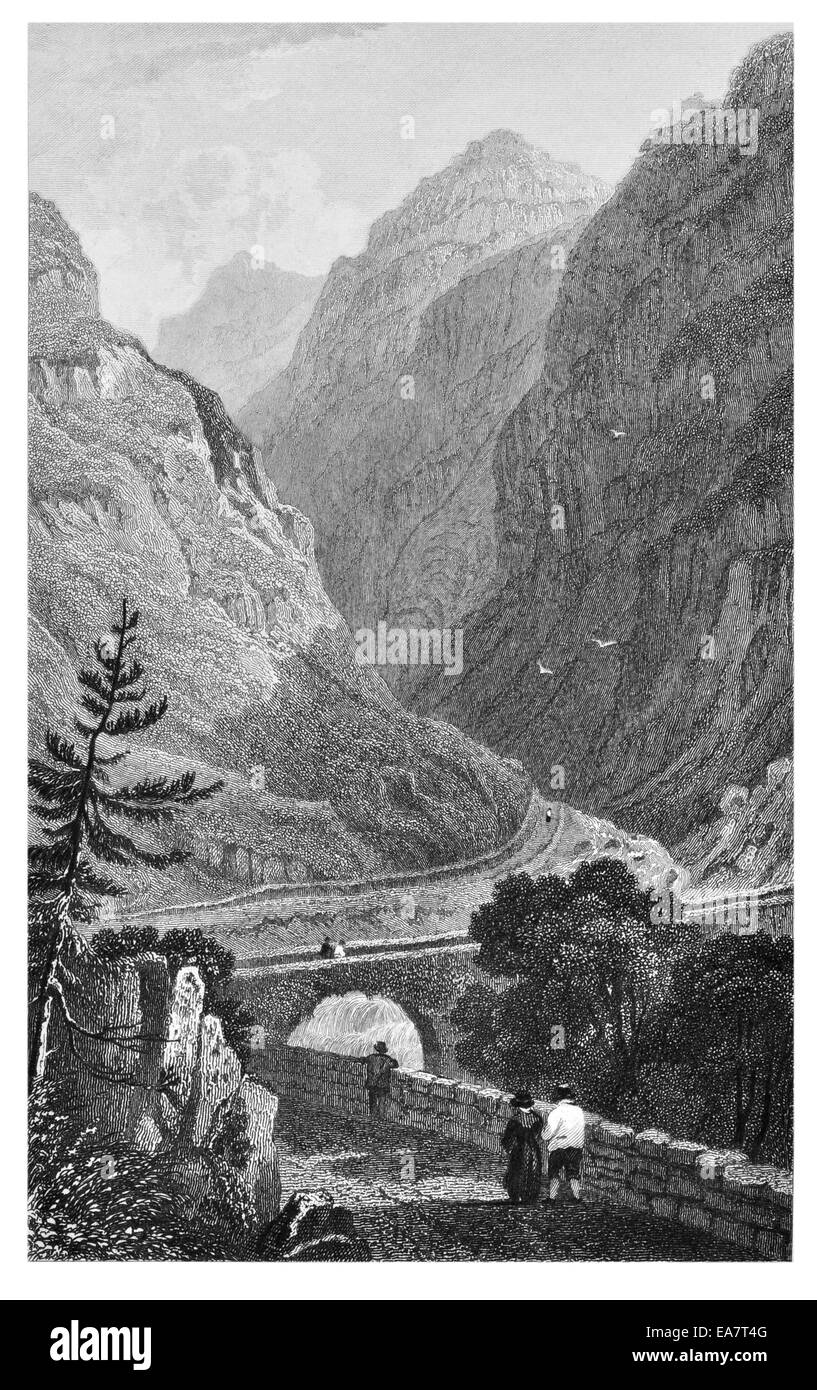 Pont Aberglaslyn Principal Eingang Caernarvonshire Snowdonia, Gwynedd, Nordwales aus dem Süden um 1830 Stockfoto