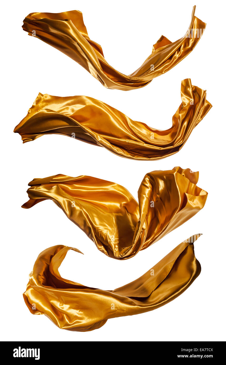 Vereinzelte Aufnahmen von frieren Bewegung von gold Satin, isoliert auf weißem Hintergrund Stockfoto