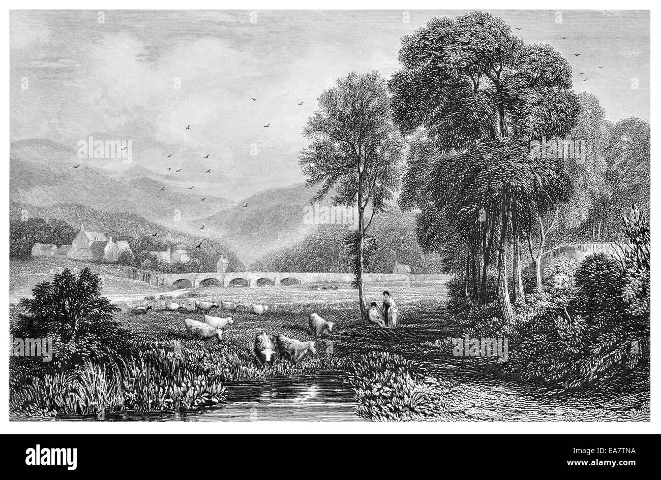 Llanilltyd Vale und Brücke am Fluss Mawddach in der Nähe von Dolgelley um 1830 Stockfoto