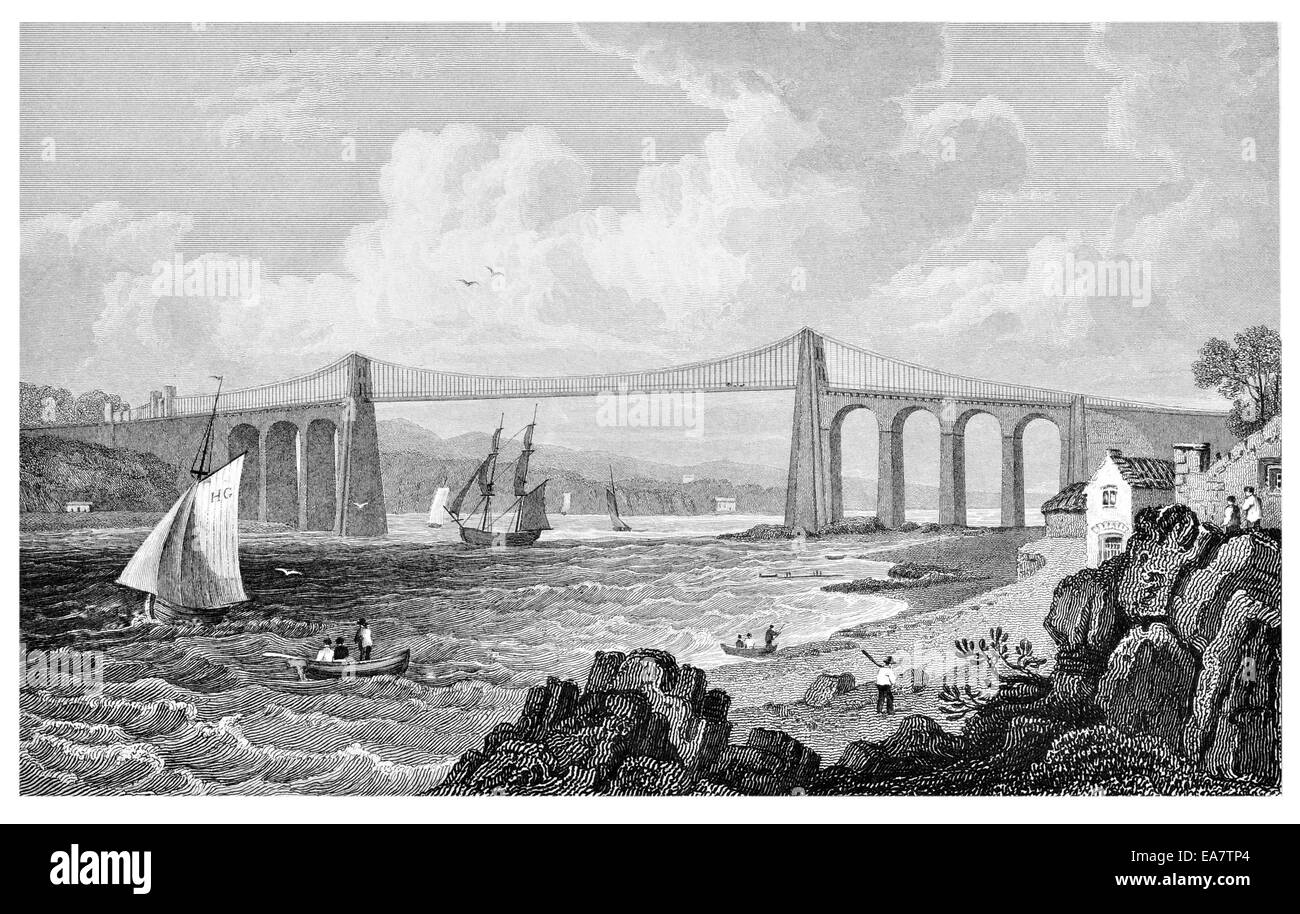 Menai Bridge von der Vereinigung der Insel Anglesea mit Caernarvonshire um 1830 Anglesea-Seite Stockfoto