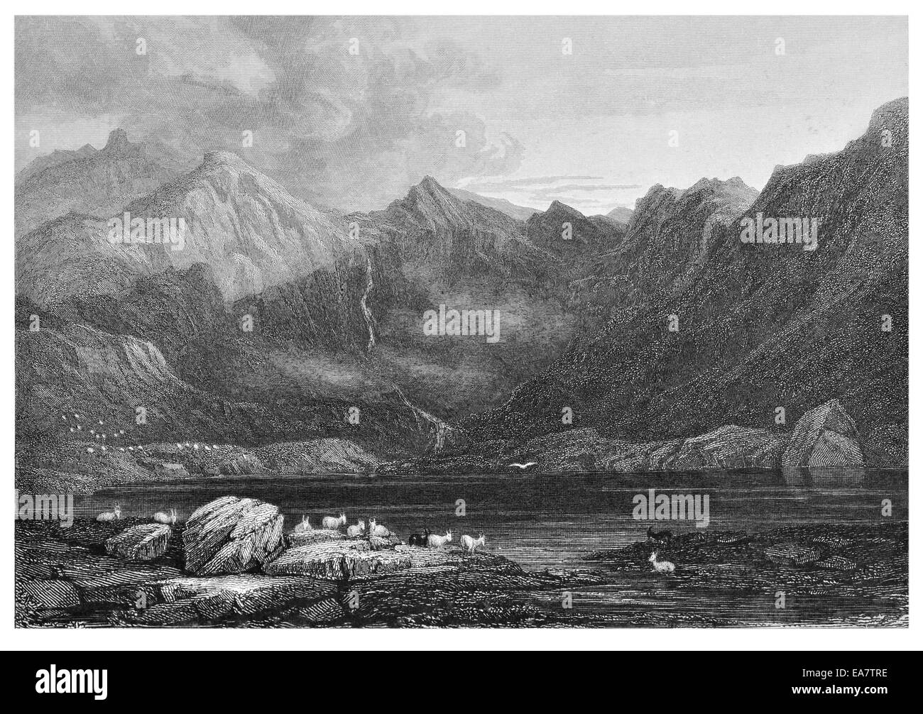 Llyn Idwal Snowdonia North West Gwynedd Wales natürliche Reisen Berg See Wasser Geologie Herbst dunkel-düster um 1830 Stockfoto