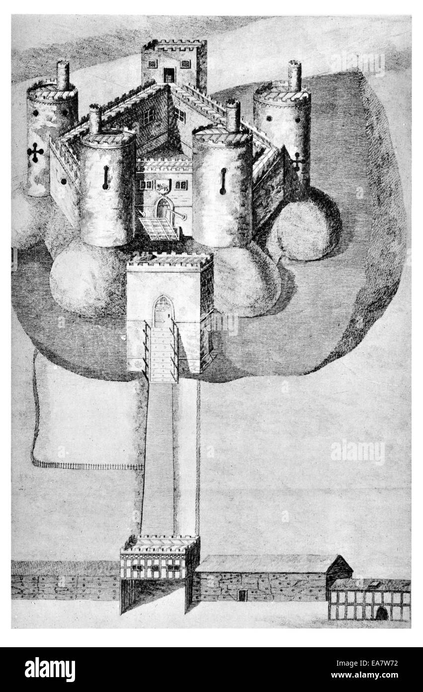 Holt Burg Denbigh Gravur aus einer Befragung von 7 John Norden 1620 Stockfoto