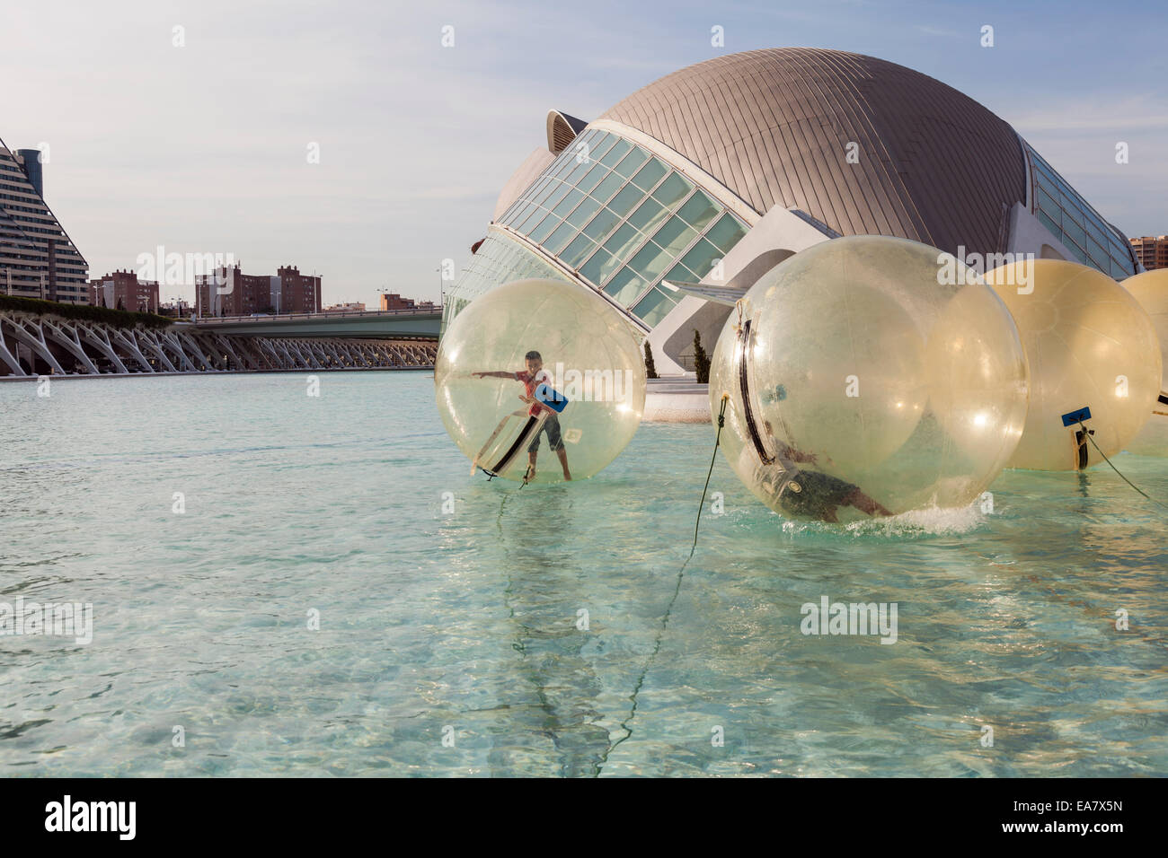 Kinder spielen in riesigen schwimmenden transparenten Kugeln auf dem See in der Ciudad de Las Artes y Las Ciencias, Valenci Stockfoto