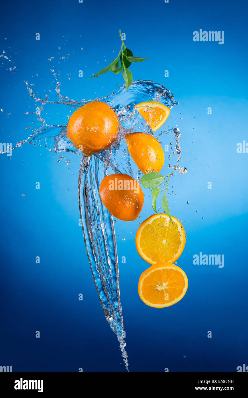 Studioaufnahme von frischen Orangen mit Spritzwasser auf blauem Hintergrund Stockfoto