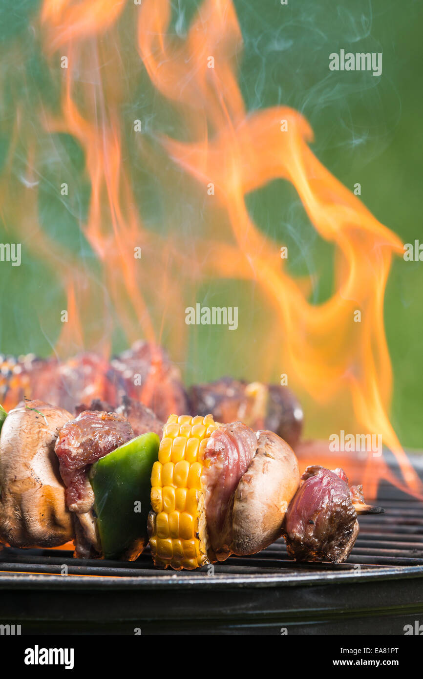 Fleisch und Gemüse-Spieß auf Grill mit dem Feuer Stockfoto