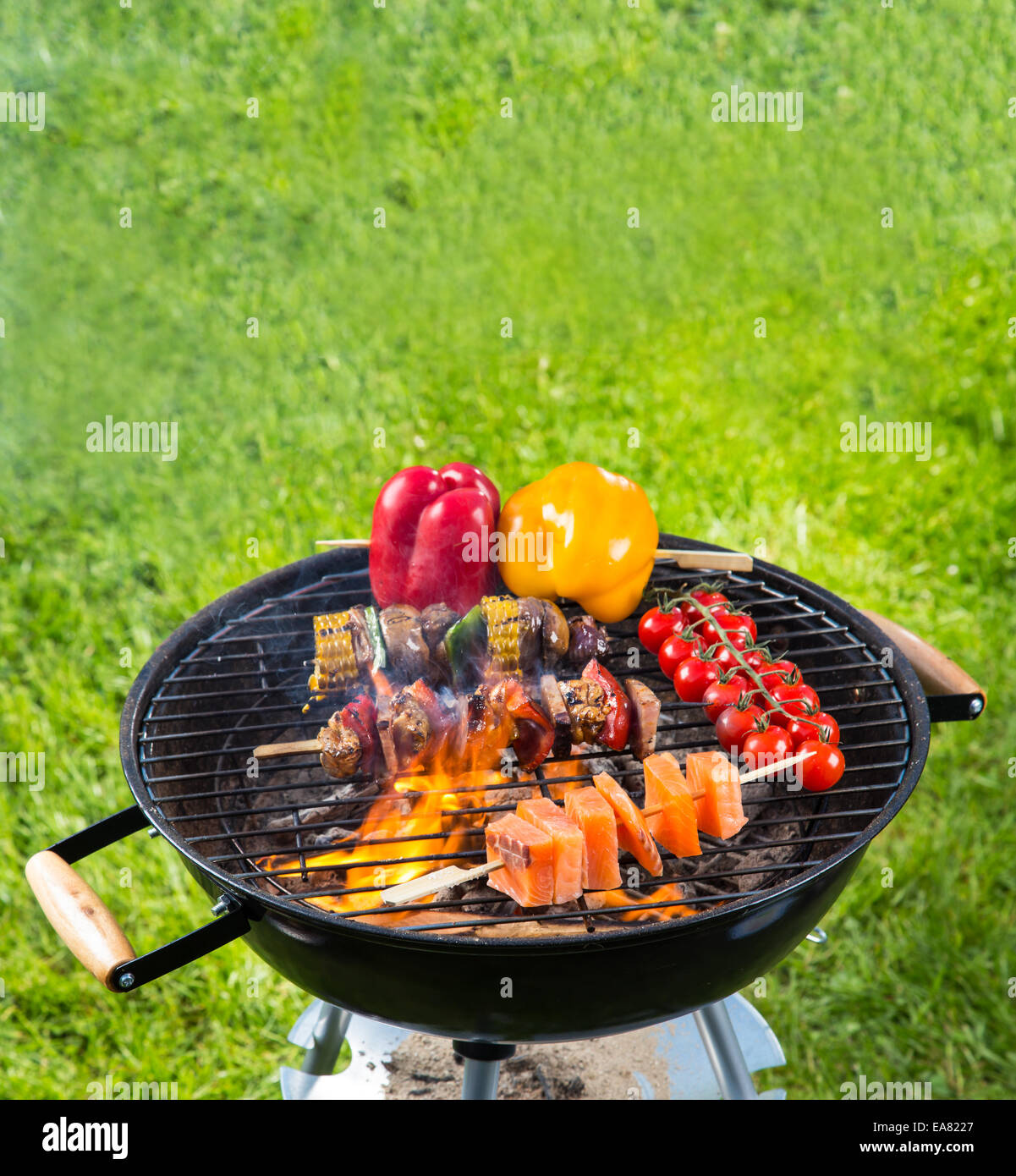 Fleisch und Gemüse auf Barbecue-Grill mit dem Feuer Stockfoto