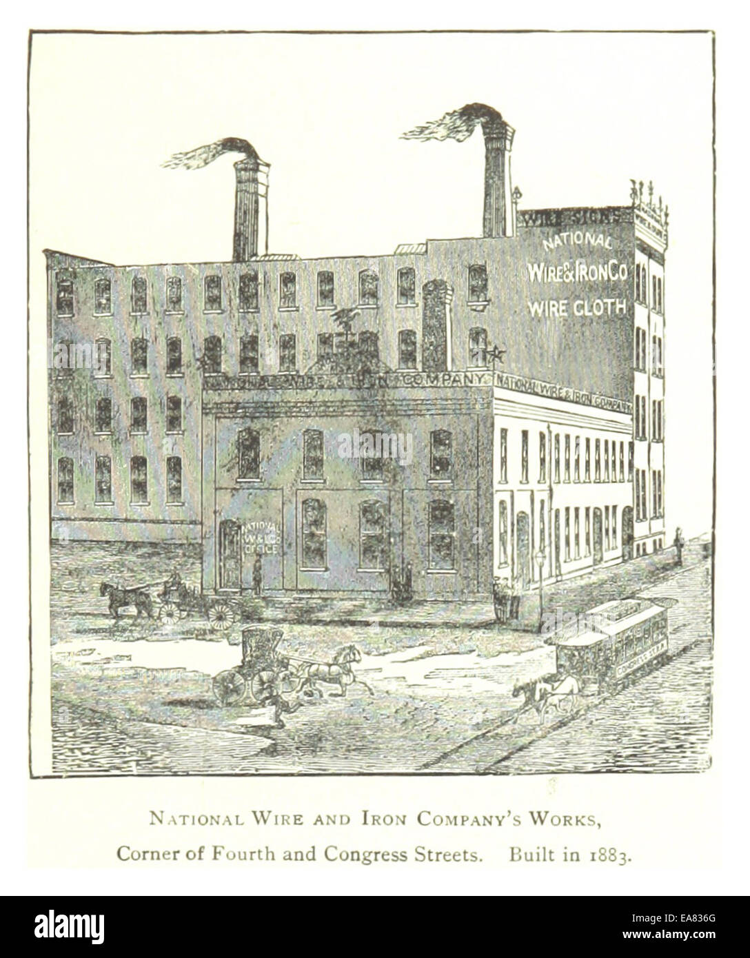 Diese Abbildung aus dem Jahr 1884 zeigt die Werke der National Wire and Iron Company, die sich an der Ecke der Fourth Street und Congress Street in Detroit befindet und 1883 erbaut wurde. Es repräsentiert das industrielle Wachstum von Detroit während des späten 19. Jahrhunderts und stellt eine wichtige Produktionsstätte dieser Zeit dar. Stockfoto