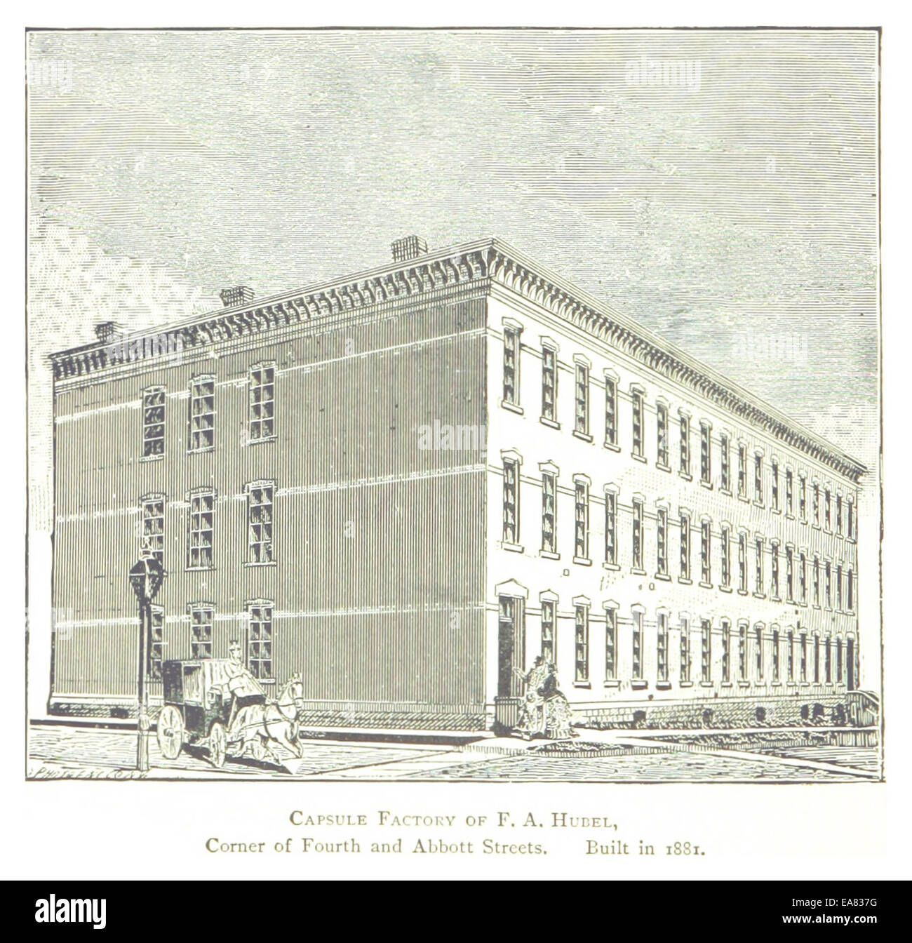 Diese Illustration von Farmer aus dem Jahr 1884 zeigt die Kapselfabrik von F.A. Hubel an der Ecke Fourth Street und Abbott Street in Detroit, die 1881 erbaut wurde. Die Fabrik spielte eine Schlüsselrolle bei der Herstellung von Kapseln während der industriellen Ära. Stockfoto