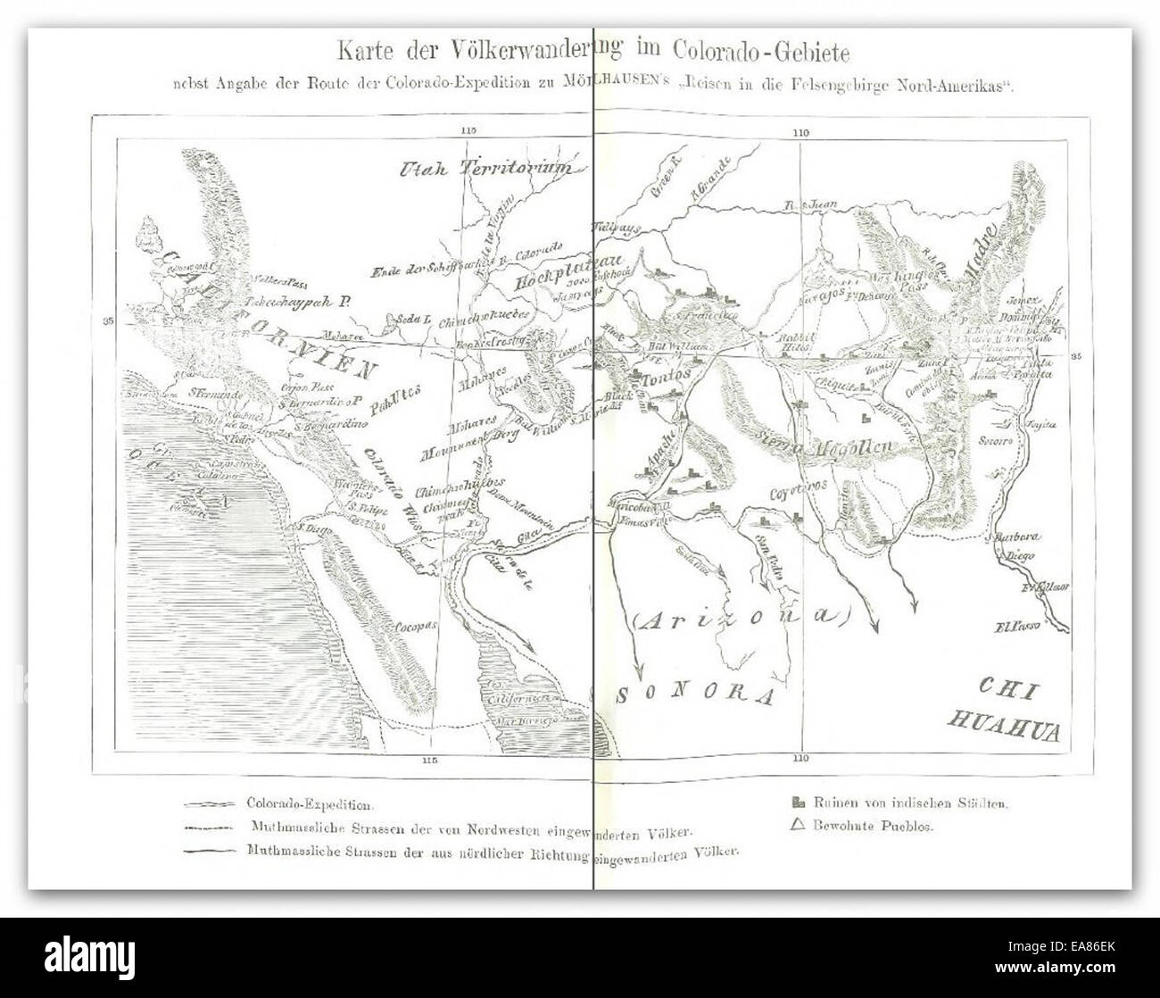 Diese Karte von Möllhausen aus dem Jahr 1861 bietet eine umfassende Ansicht einer Region, die möglicherweise topographische Merkmale oder geografische Daten veranschaulicht, die Mitte des 19. Jahrhunderts wichtig waren. Stockfoto