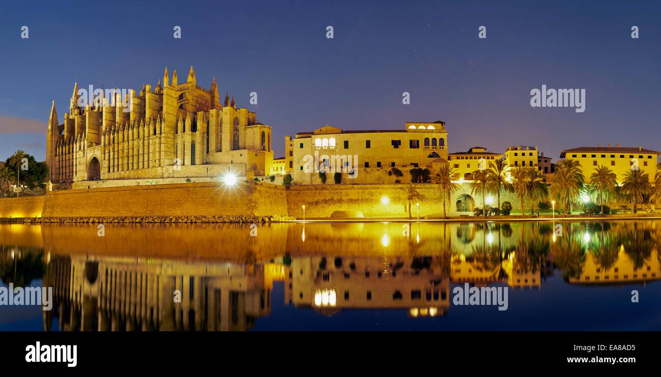Kathedrale von la Seu Mallorca in Palma De Mallorca Reflexion über See auf den Balearischen Inseln. Night Shot, Panorama. Stockfoto