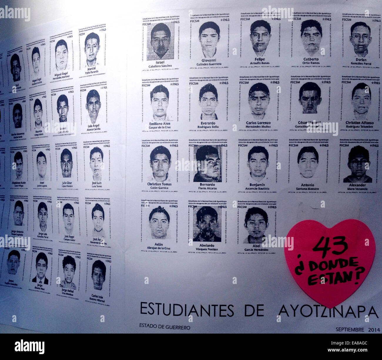 Bilder von der vermissten Studenten Ayotzinapa. Mexikanische Generalstaatsanwalt Jesus Murillo Karam sagte, dass die Schüler wo BurnedPicture 6. November 2014 aufgenommen wurden ergriffen, um einen Dump und ihren Körper. Stockfoto