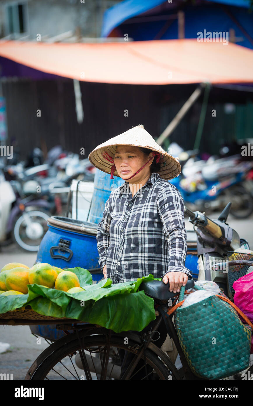 Vietnamesische Frau verkaufen frisches Obst vom Fahrrad im Dong-Xuan-Markt in der Altstadt von Hanoi Stockfoto