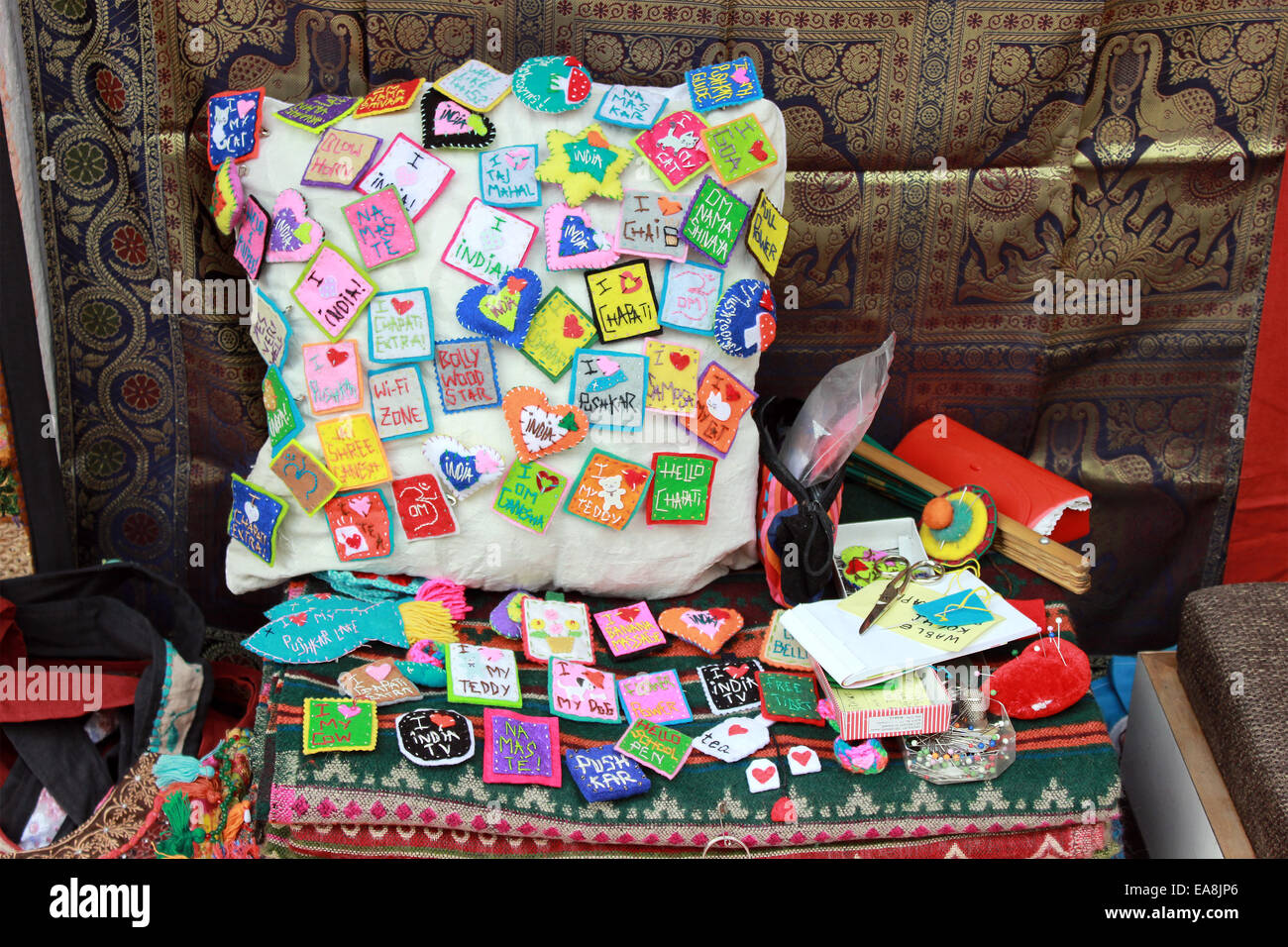 Kissen, Square, Stürmer, Herz-Form-Stürmer, Herz in Pushkar, Rajasthan, Indien. Stockfoto