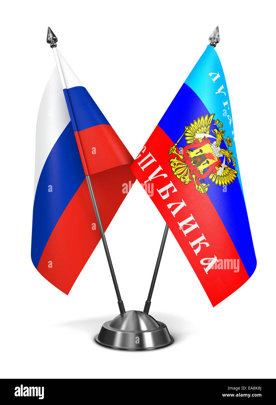 Russland und Luhansk Peoples Republic - Miniatur-Flags, Isolated on White Background. Stockfoto