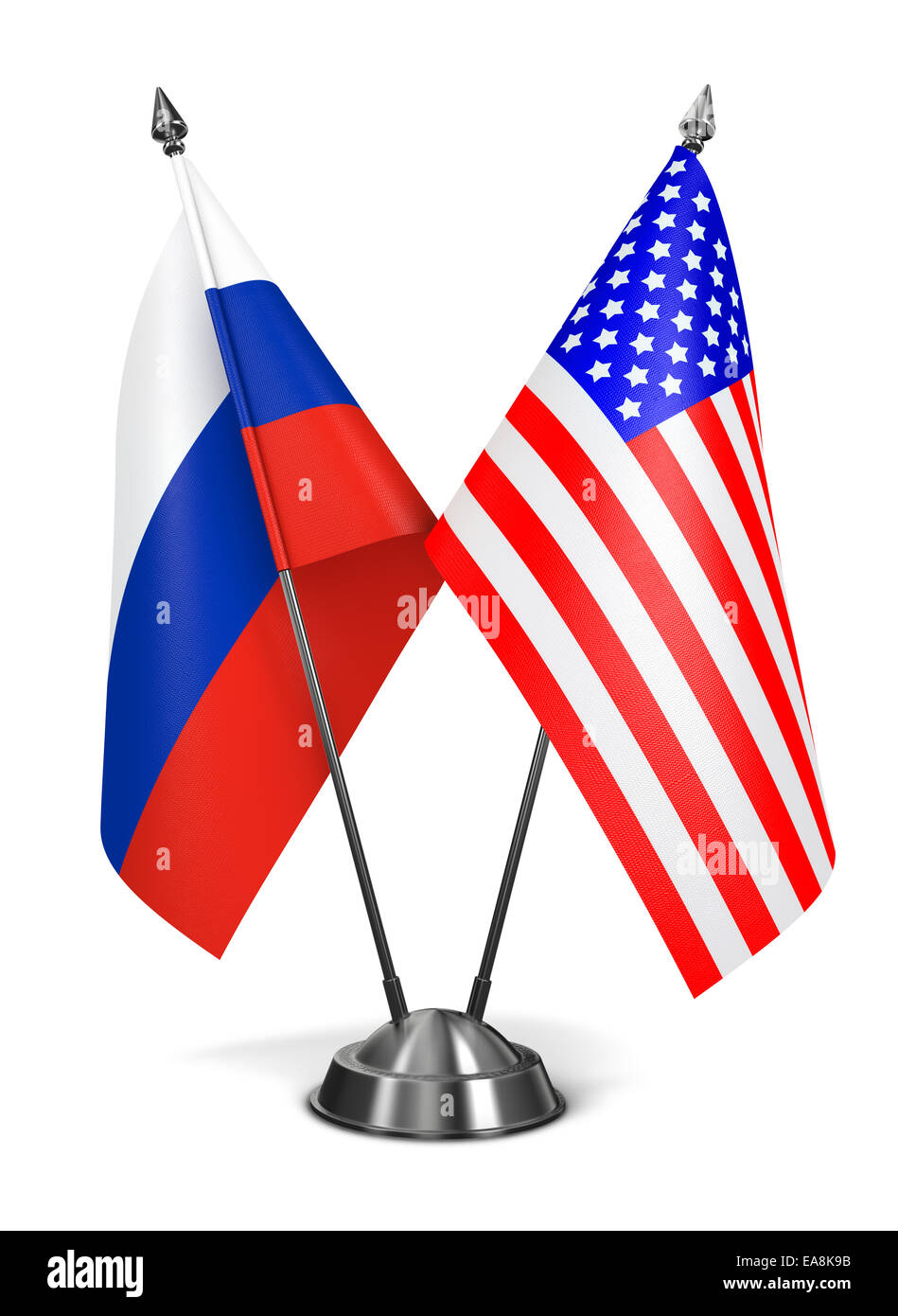 Russland und USA - Miniatur-Flags, Isolated on White Background. Stockfoto