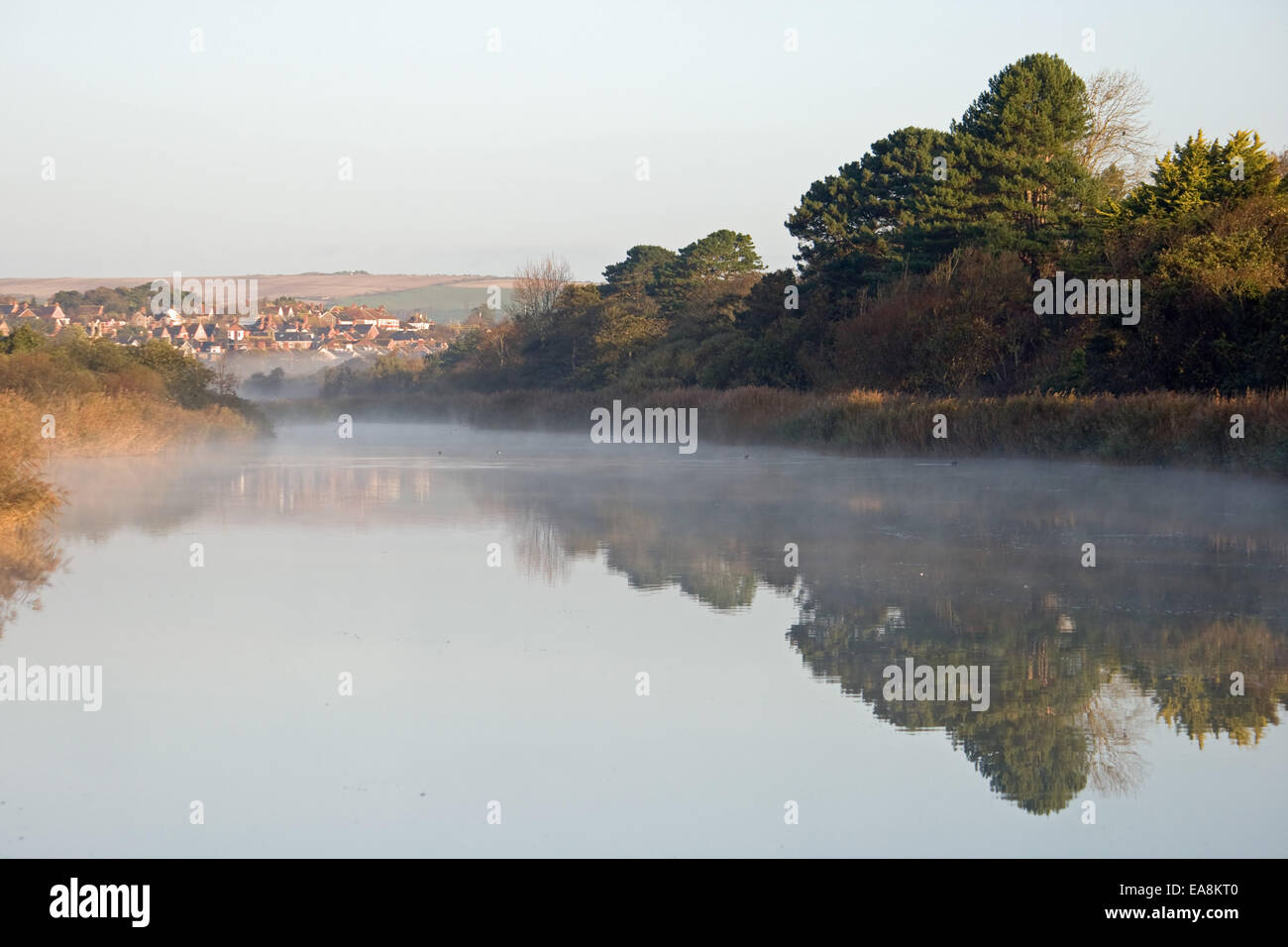 Nebligen Morgen auf Radipole See, Weymouth, Dorset. Stockfoto