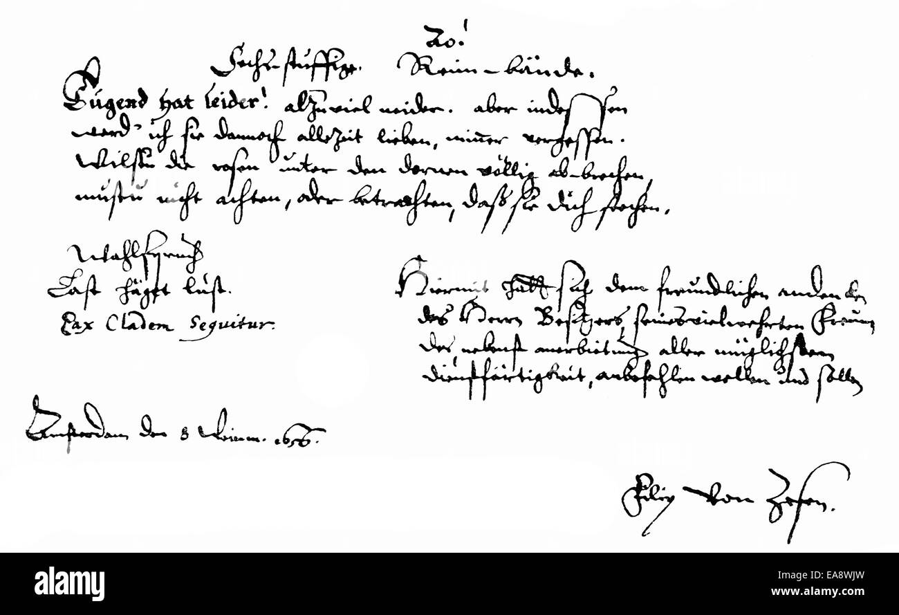 Historischen Manuskript von Philipp von Zesen auch Filip Coesius, Caesius oder Ritterhold von Blauen, 1619-1689, ein Deutsch-Pr Stockfoto