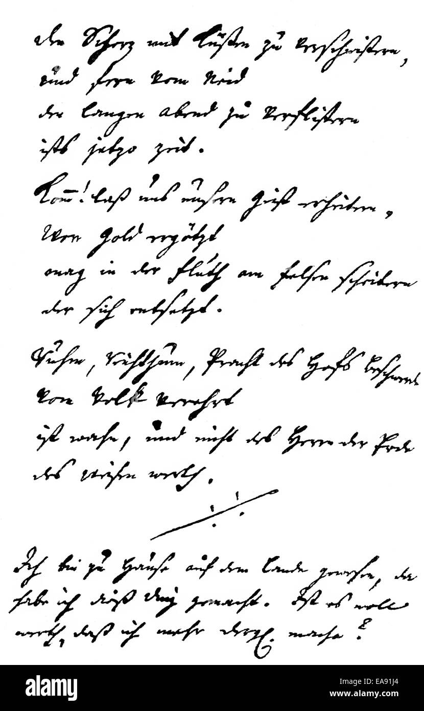 Historischen Manuskript, Gedicht von Ewald Christian von Kleist, 1715-1759, ein deutscher Dichter und preußischer Offizier, Historische Handschri Stockfoto