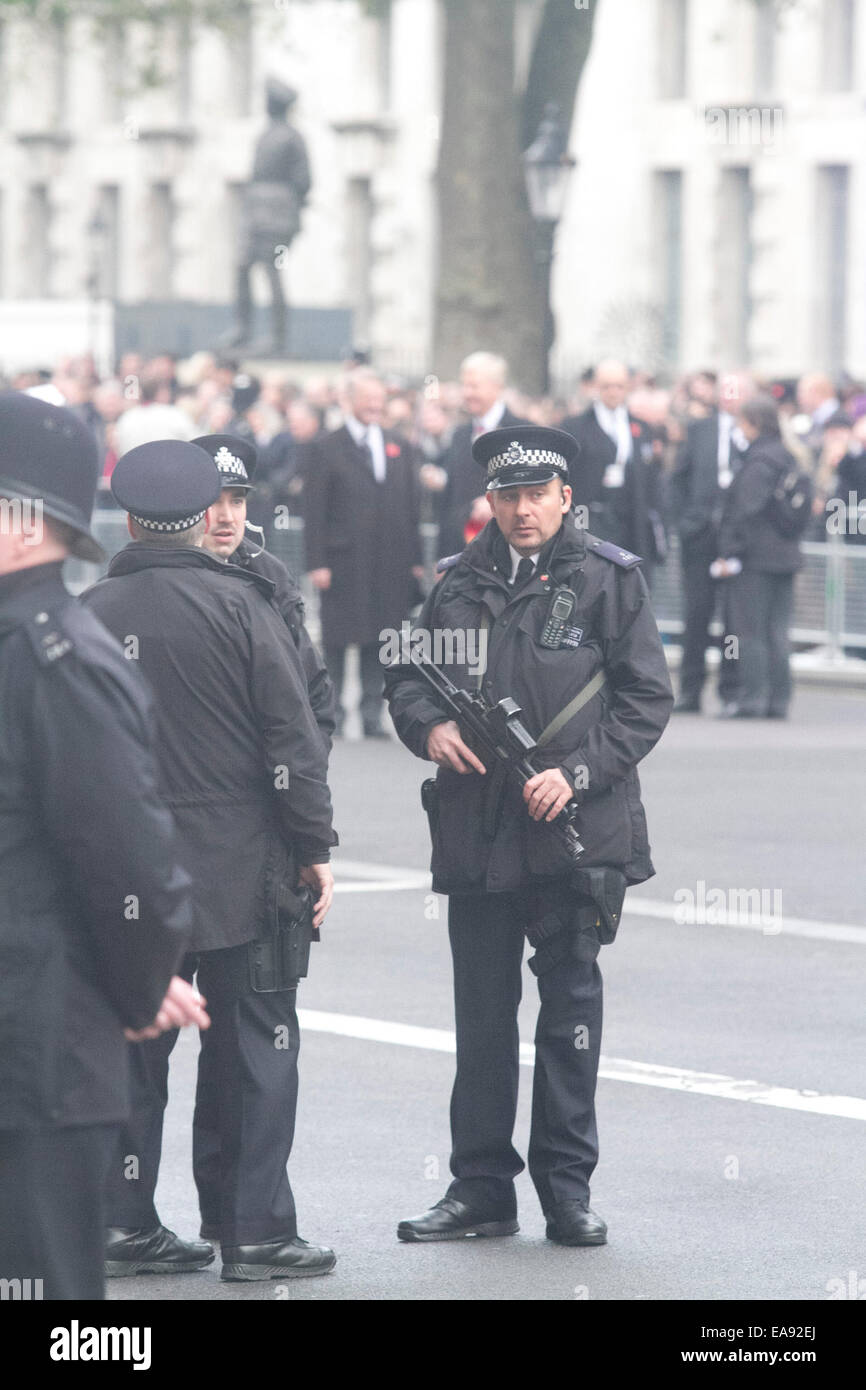 Westminster London, UK. 9. November 2014. Erhöhte Sicherheit in Whitehall vor der Gedenkgottesdienst sichtbar Stockfoto