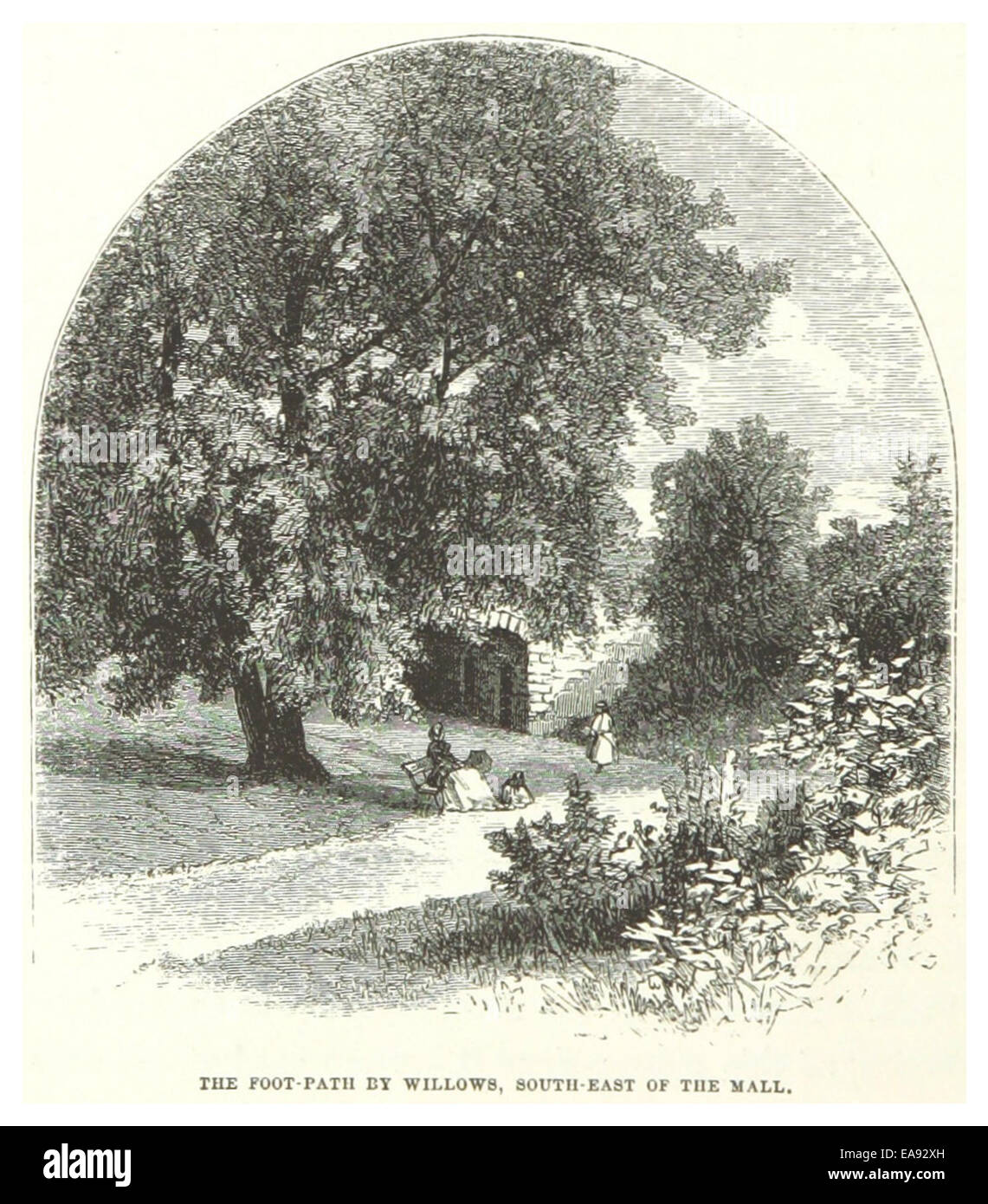 Der Fußweg durch die Weiden, der südöstlich der Mall im Central Park liegt, ist in dieser Zeichnung aus dem Jahr 1869 dargestellt, die die natürliche Schönheit und das Landschaftsdesign des Parks zeigt. Stockfoto