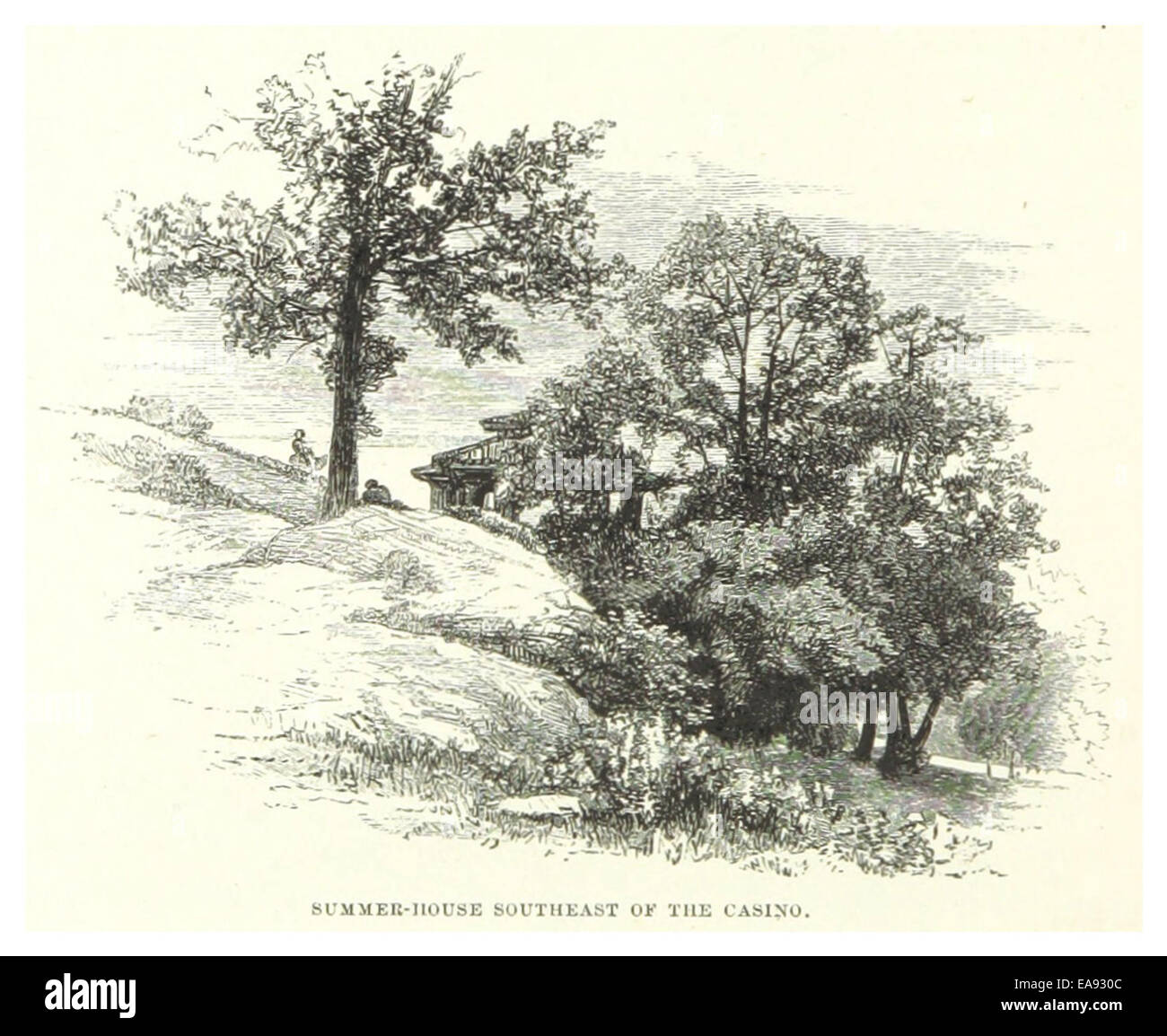 Eine 1869 Illustration des Sommerhauses südöstlich des Casinos im Central Park, New York City. Dieses architektonische Merkmal war Teil der Gestaltung des Parks und zeigte die viktorianische Ästhetik und die frühe Gestaltung des öffentlichen Parks. Stockfoto