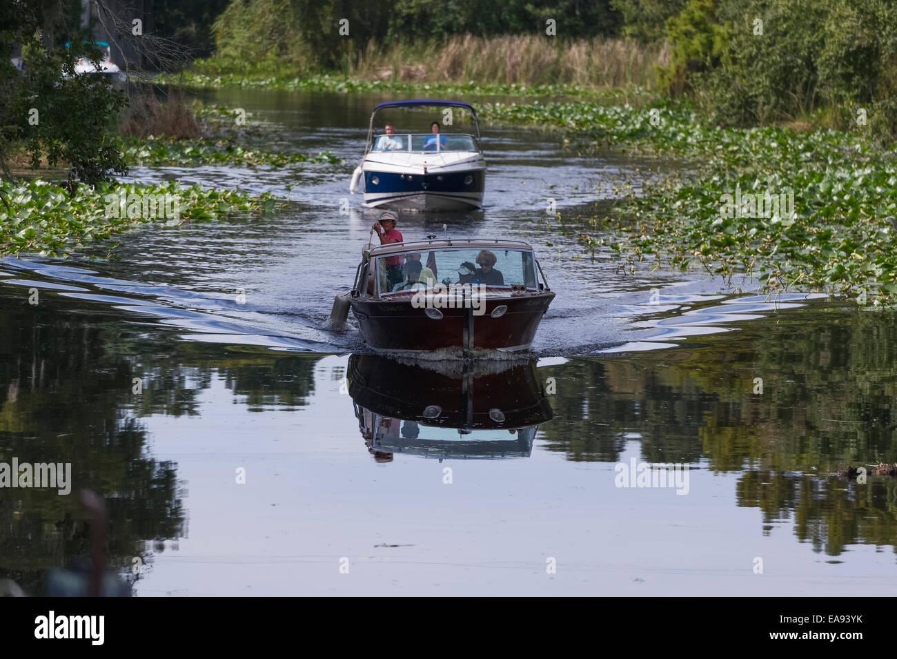 Im Ruhestand, Familie und Freunde, Bootfahren am Fluss Haines Creek in Lake County, Florida USA Stockfoto
