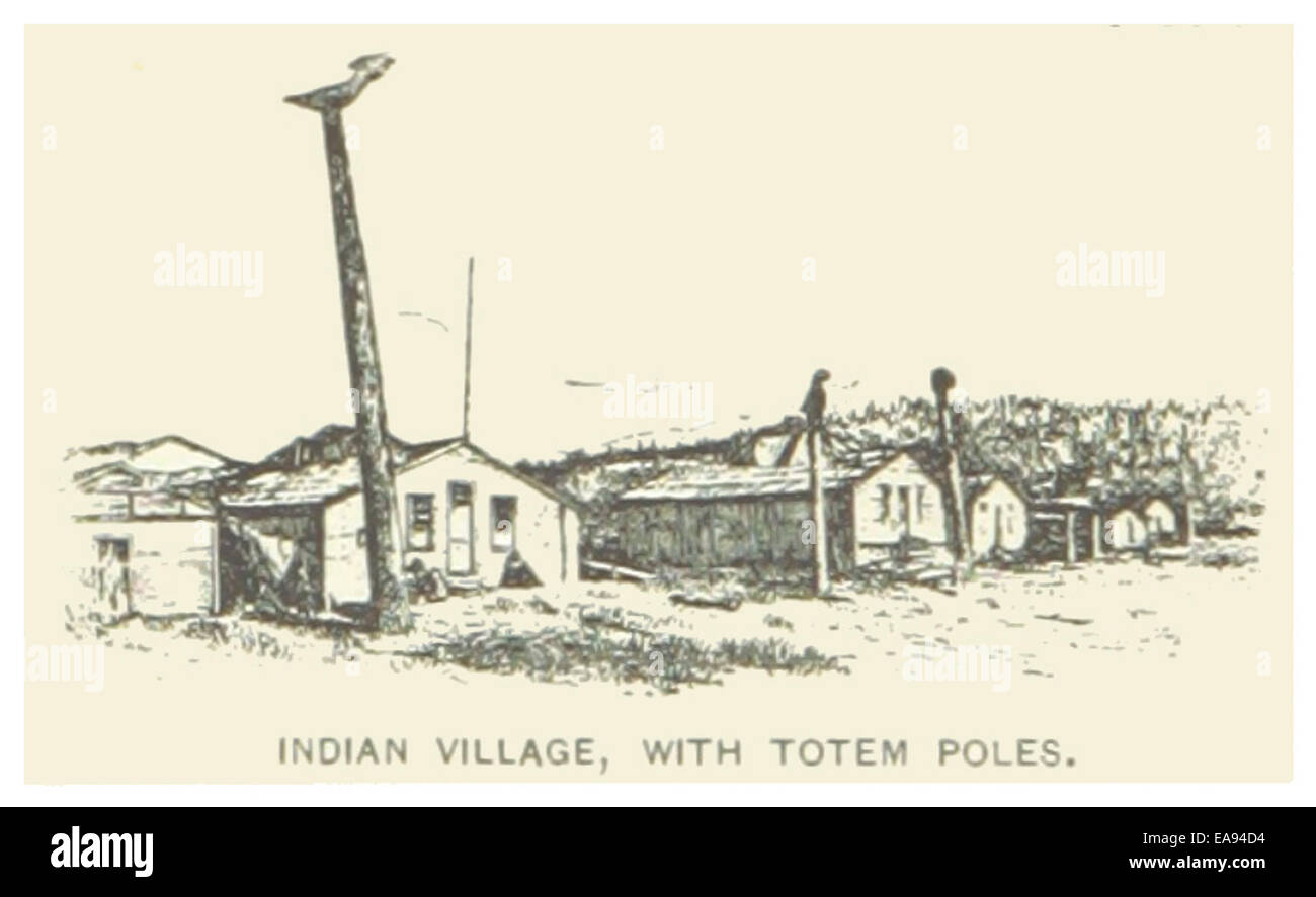 Diese Zeichnung aus dem Jahr 1891 zeigt ein Indianerdorf in Alaska mit prominenten Totempfählen, die die Kultur und Traditionen der indigenen Gemeinschaften in Alaska repräsentieren. Die Abbildung zeigt die Architektur und kulturellen Symbole, die mit diesen einheimischen Stämmen verbunden sind. Stockfoto