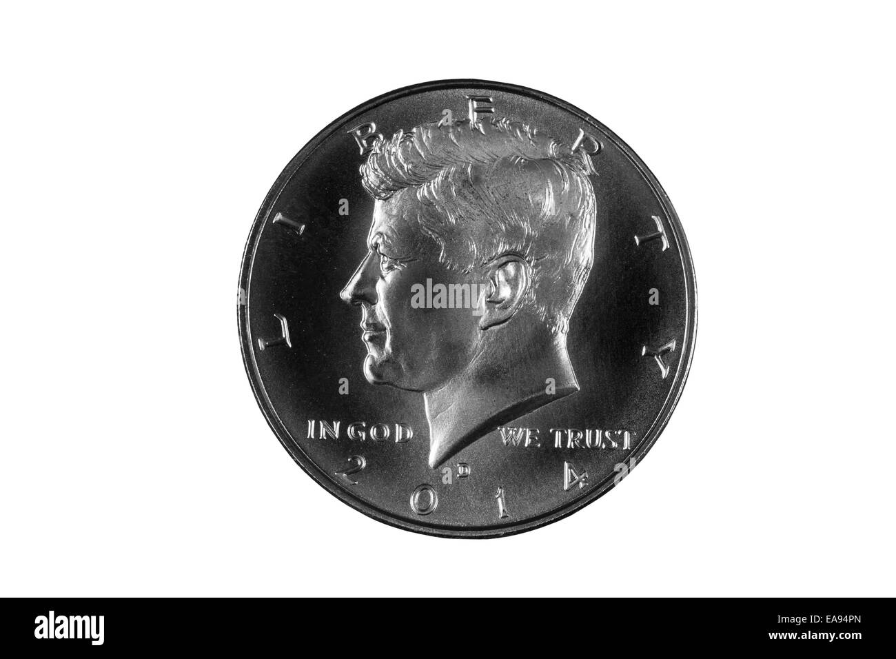 Kennedy Commemorative halber Silberdollar isoliert auf weiss Stockfoto