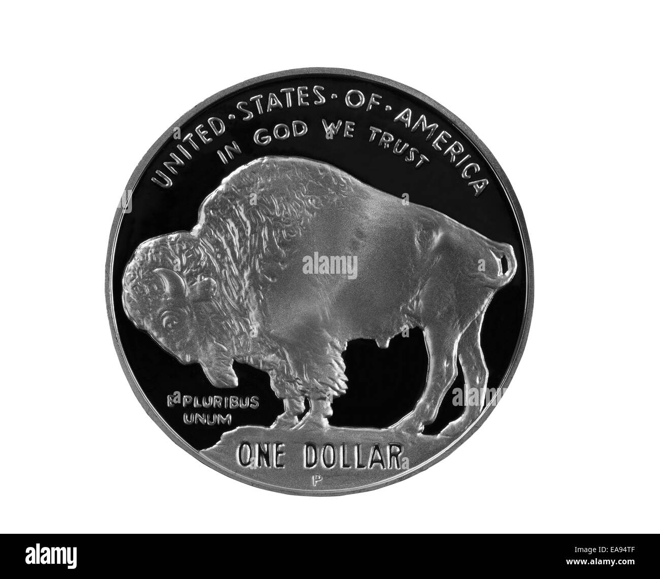 Nahaufnahme von einem Silver Buffalo Münze isoliert auf weiss Stockfoto