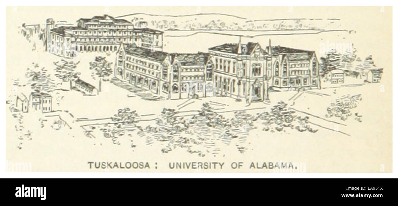 Diese 1891 abgebildete Illustration zeigt die Universität von Alabama in Tuscaloosa, die die akademischen Gebäude und die kulturelle Bedeutung des späten 19. Jahrhunderts erfasst. Stockfoto