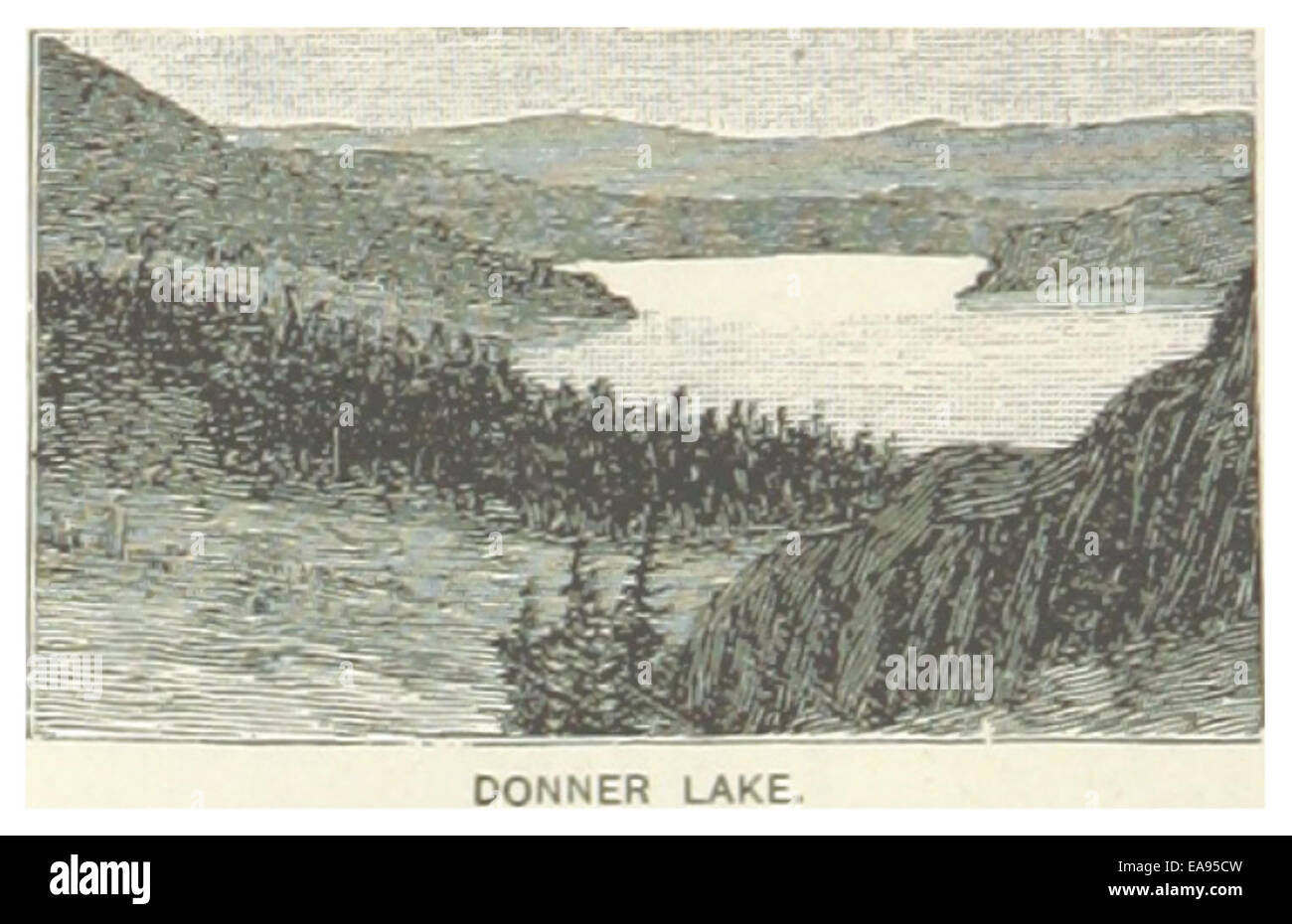 Diese Darstellung des Donner Lake in Kalifornien aus dem Jahr 1891 unterstreicht seine natürliche Schönheit und historische Bedeutung, insbesondere im Zusammenhang mit der berüchtigten Donner Party-Tragödie. Stockfoto