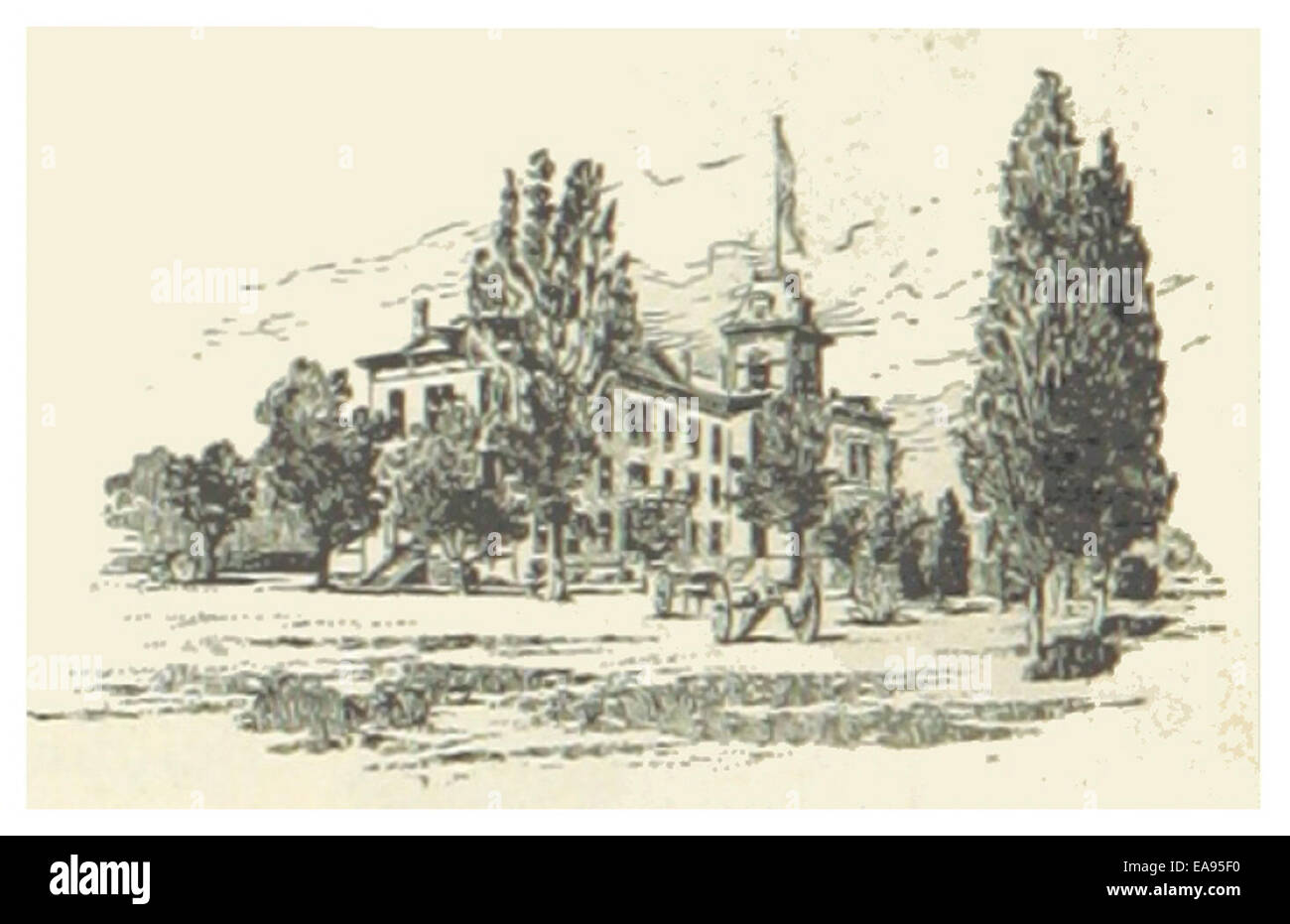 Eine Illustration von *US-CA (1891)*, die das Hauptquartier der US-Armee für die Pazifikstaaten in Los Angeles zeigt. Das Bild erfasst die militärische Präsenz und Infrastruktur in der Region während des späten 19. Jahrhunderts. Stockfoto