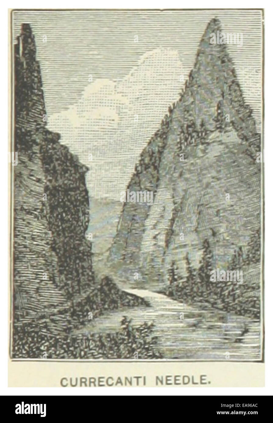 Diese Illustration aus dem Jahr 1891 zeigt die Curracanti Needle in Colorado und zeigt die atemberaubenden geologischen Merkmale des amerikanischen Westens. Stockfoto