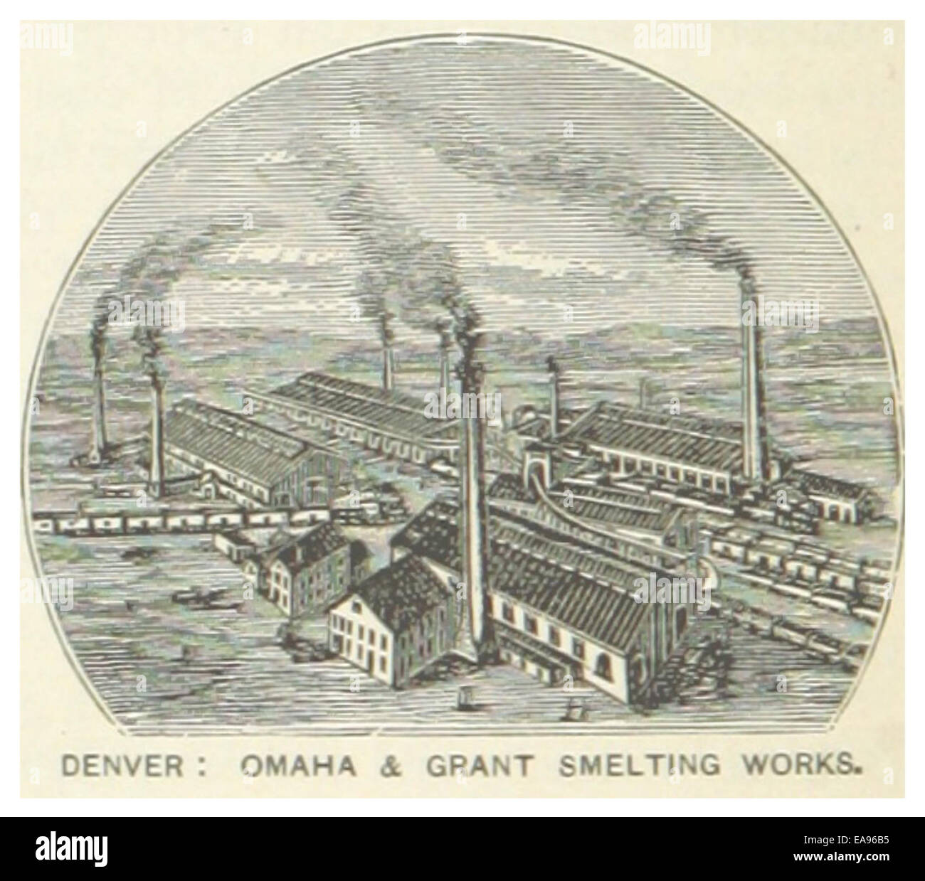 Eine Illustration aus dem Jahr 1891 aus einer Publikation, die die Werke von Denver, Omahe und Grant Smelting in Colorado dokumentiert. Das Bild zeigt wahrscheinlich die Industrieanlagen und Betriebsstätten des späten 19. Jahrhunderts. Stockfoto
