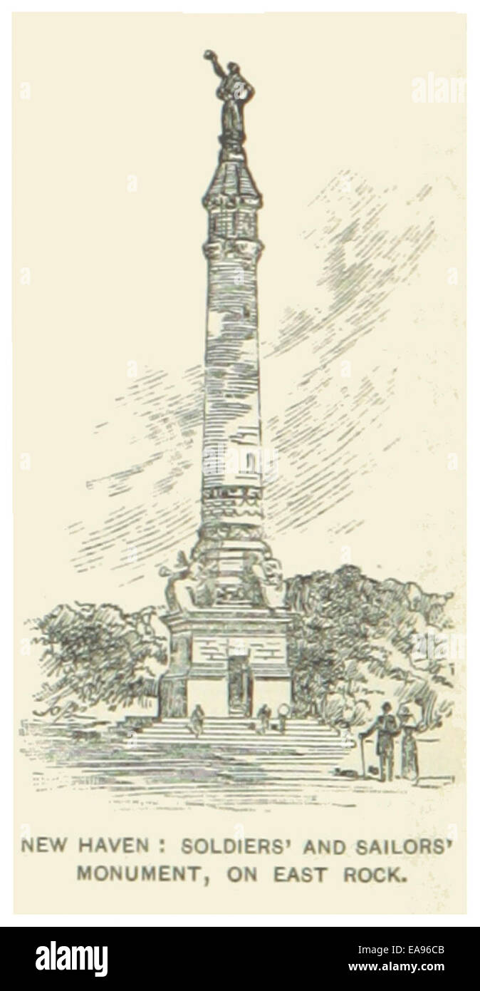 Das Soldiers' and Sailors' Monument in New Haven, Connecticut, wurde 1887 errichtet und ehrt einheimische Veteranen des Unabhängigkeitskriegs, des Krieges von 1812, des Mexikanischen Krieges und des Bürgerkriegs. Die 112 Meter hohe Figur im East Rock Park symbolisiert den „Sieg“ und symbolisiert die Dankbarkeit der Nation gegenüber ihren Verteidigern. Stockfoto