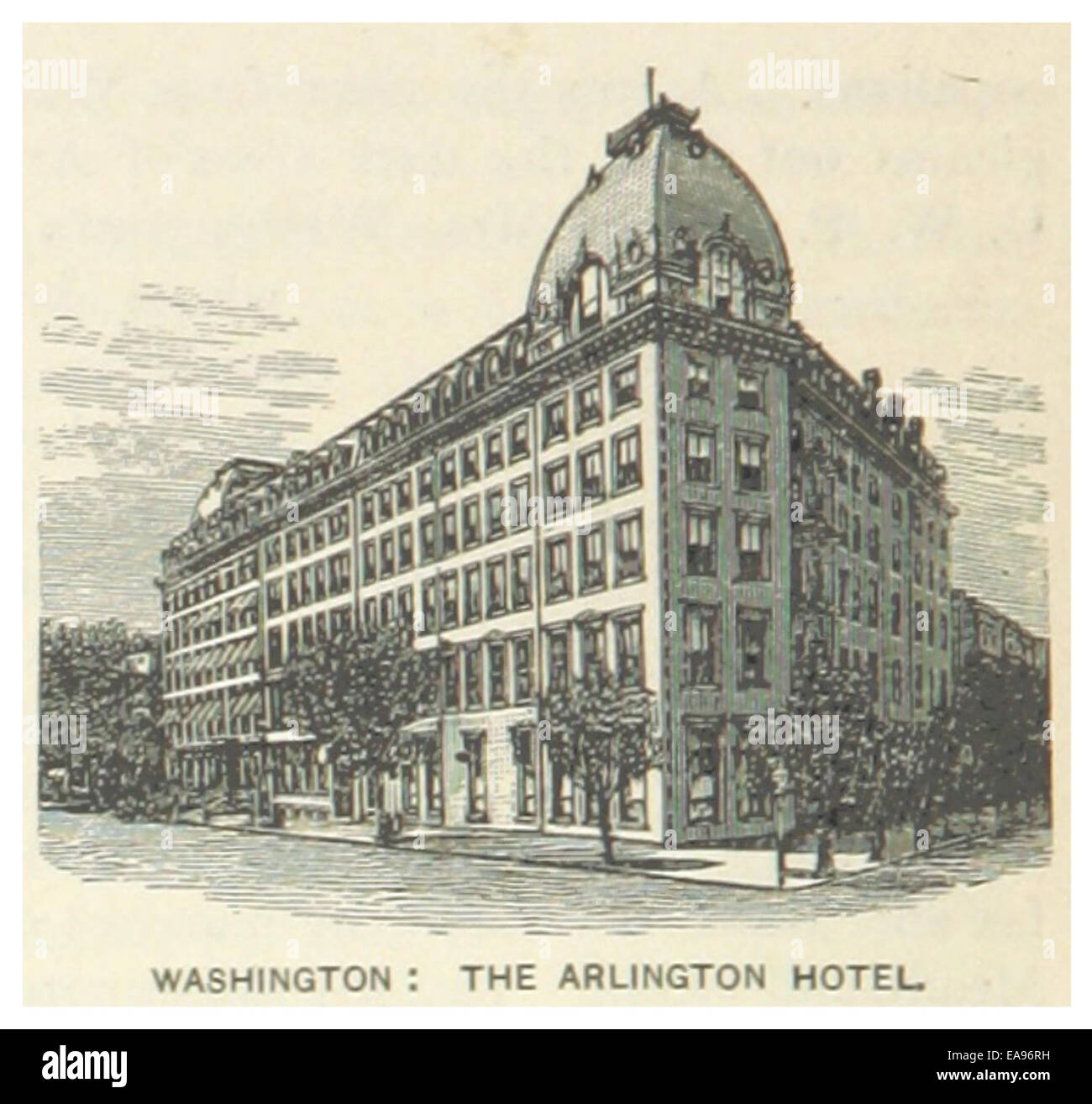 Diese Abbildung aus dem Jahr 1891 zeigt das Arlington Hotel in Washington, D.C., und zeigt seine Bedeutung als Wahrzeichen der Gastfreundschaft in der Hauptstadt während des späten 19. Jahrhunderts. Stockfoto