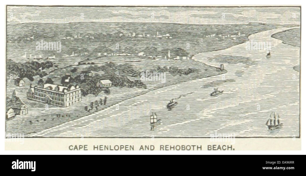 Diese Karte aus dem Jahr 1891 zeigt Cape Henlopen und Rehoboth Beach in Delaware und zeigt die Küstengeographie und das Layout des Gebiets. Die Karte ist eine wichtige historische Referenz für das Verständnis der Entwicklung der Region während des späten 19. Jahrhunderts. Stockfoto