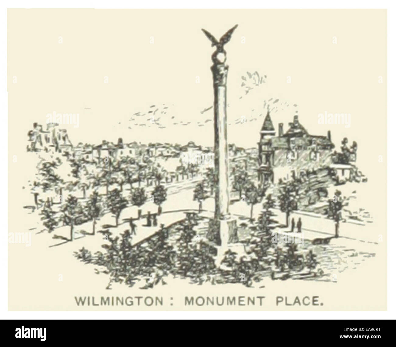 Diese 1891 abgebildete Illustration zeigt den Monument Place in Wilmington, Delaware, und hebt seine historische Bedeutung und seine Rolle als öffentlicher Raum in der Stadt während des späten 19. Jahrhunderts hervor. Stockfoto