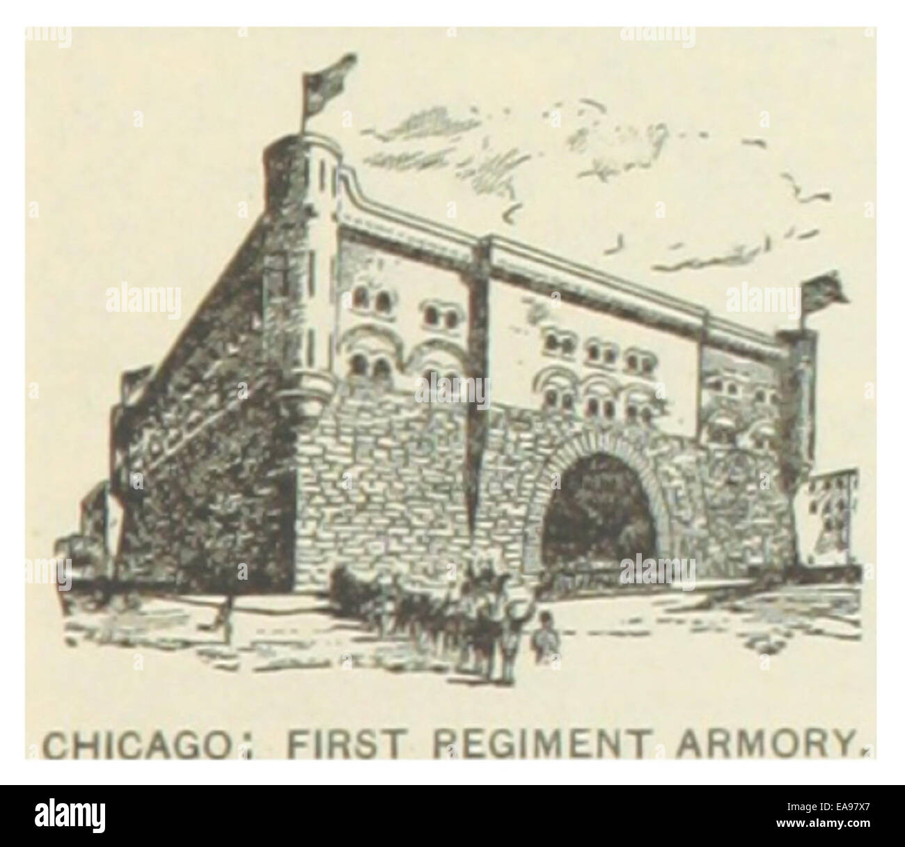 Diese Illustration aus dem Jahr 1891 zeigt das erste Regiment Armory in Chicago, das sein architektonisches Design und seine Bedeutung als militärisches und bürgerliches Gebäude während des späten 19. Jahrhunderts erfasst. Stockfoto Diese Illustration aus dem Jahr 1891 zeigt das erste Regiment Armory in Chicago, das sein architektonisches Design und seine Bedeutung als militärisches und bürgerliches Gebäude während des späten 19. Jahrhunderts erfasst. Stockfoto
