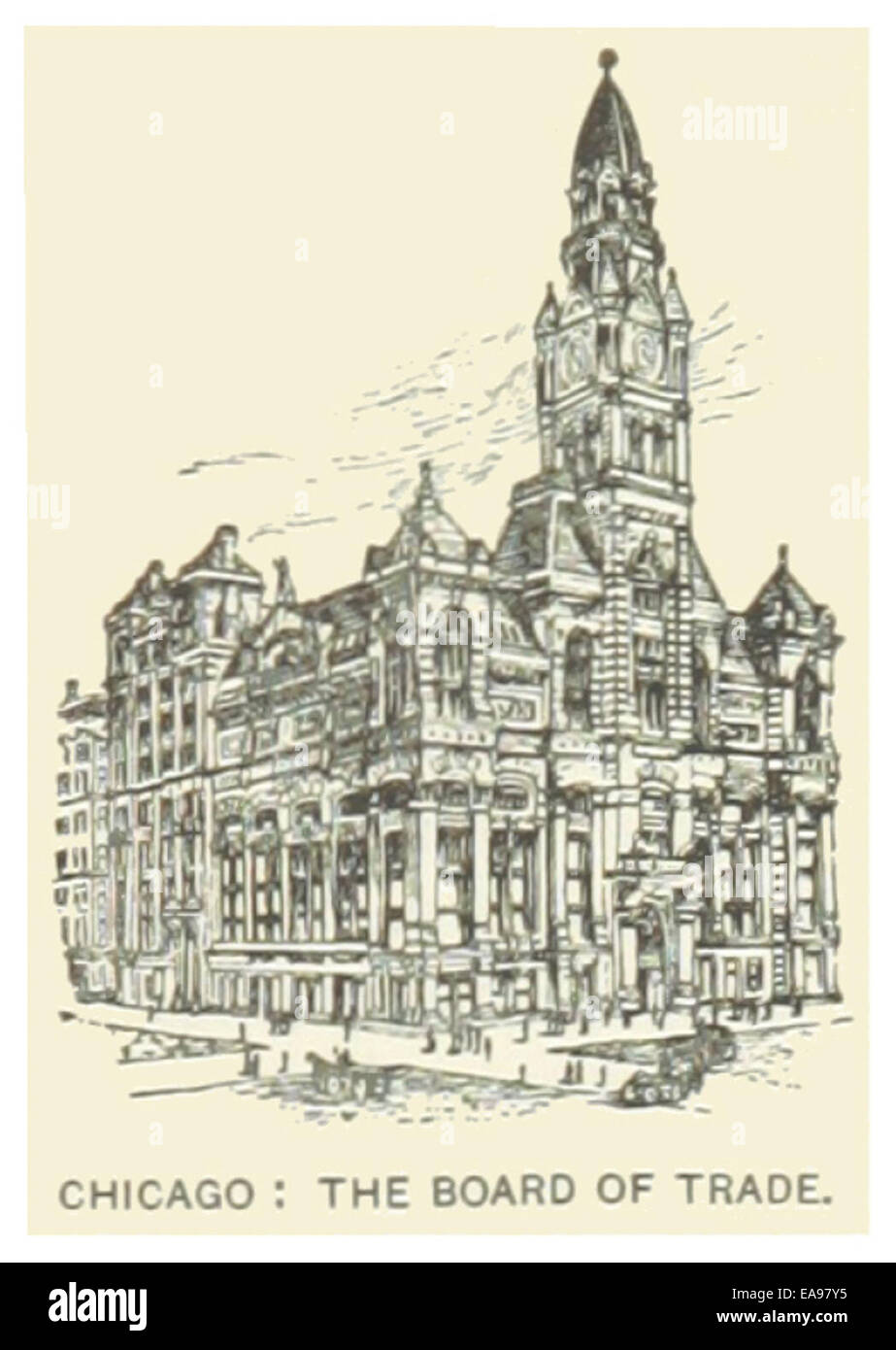Diese Abbildung aus dem Jahr 1891 zeigt das Board of Trade Gebäude in Chicago, das die wirtschaftliche und architektonische Bedeutung der Stadt während des späten 19. Jahrhunderts widerspiegelt. Stockfoto