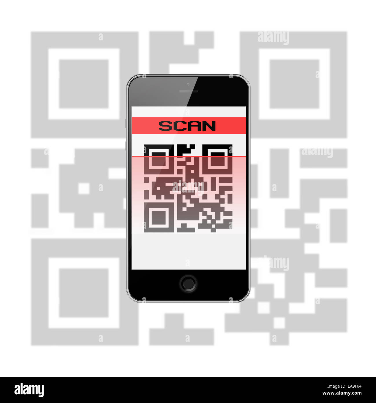 Mobile Smartphone mit QR-Code, Isolated on White Background. Sehr detaillierte Darstellung. Stockfoto