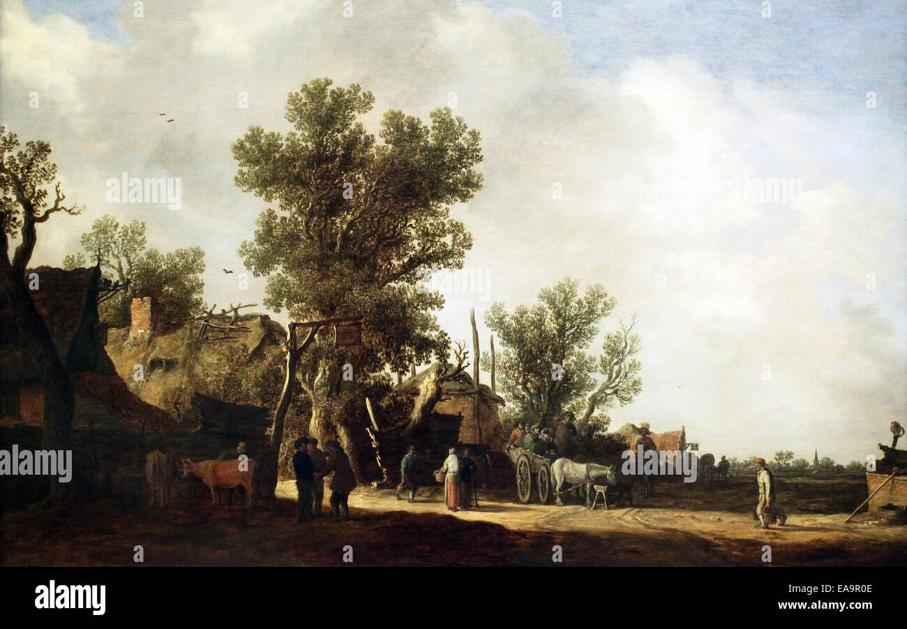 Landschaft mit Bauernhäusern (1635).von Jan van Goyen (1595-1656).Landhäuser, hoch aufragende Bäume, Dorfbewohner, ein Pferdewagen unter einem riesigen bewölkten Himmel. Stockfoto