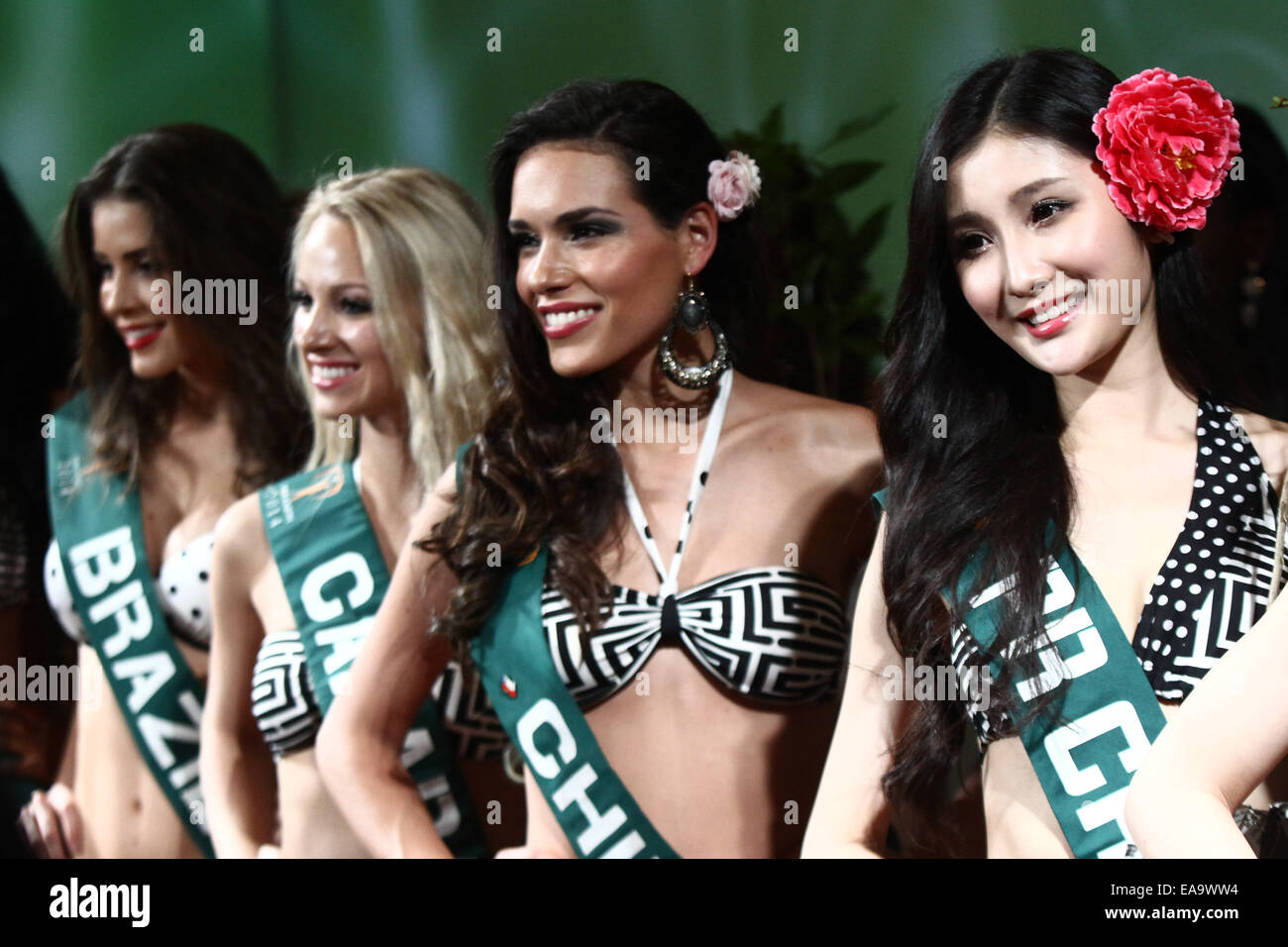 Makati City, Philippinen. 10. November 2014. Teilnehmer an die Miss Earth 2014 Festzug in Makati City, Philippinen, 10. November 2014 teilnehmen. Insgesamt 86 Teilnehmer aus der ganzen Welt den Wettbewerb teilgenommen. Bildnachweis: Rouelle Umali/Xinhua/Alamy Live-Nachrichten Stockfoto