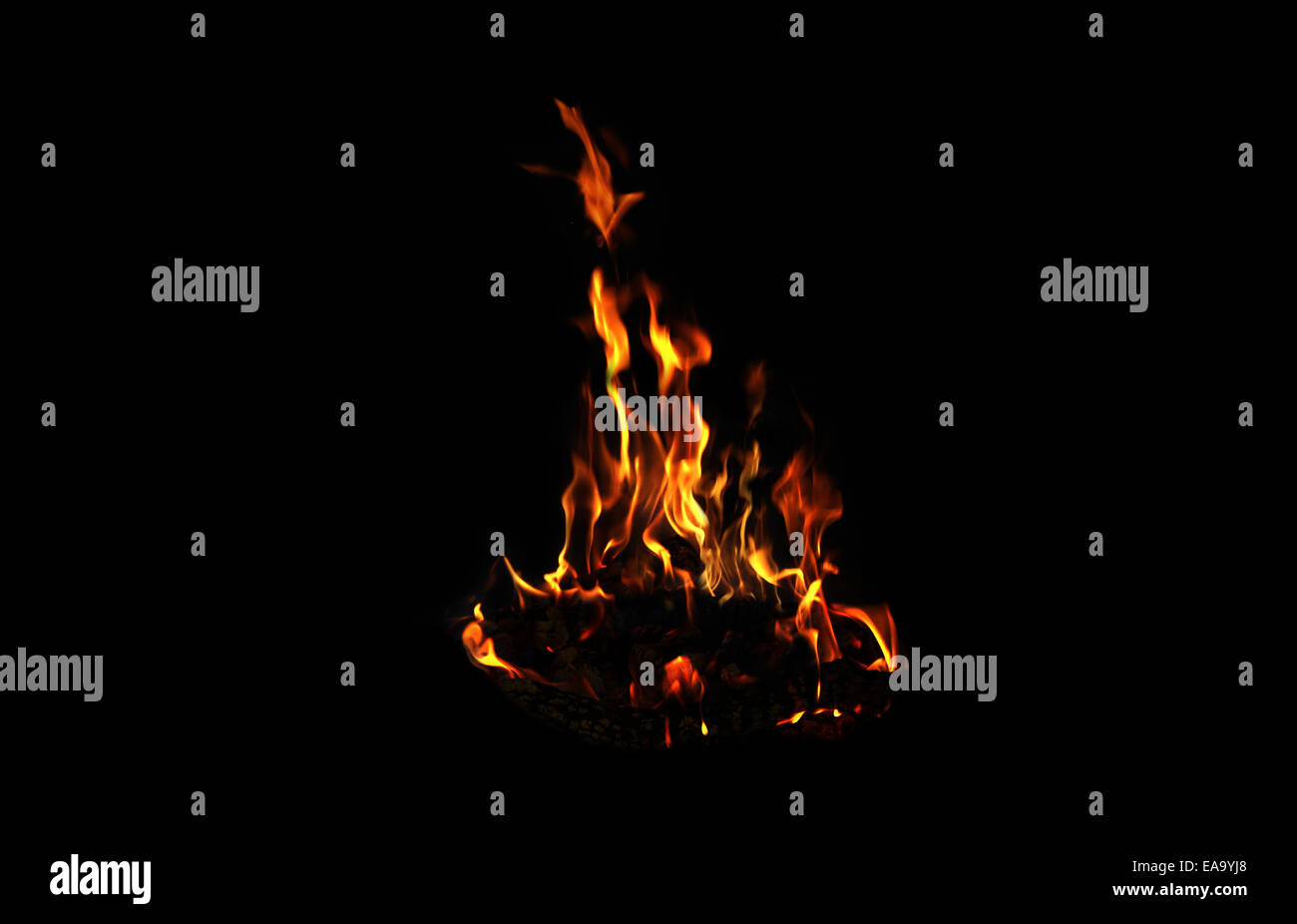 Lagerfeuer auf einem schwarzen Hintergrund mit Exemplar. Stockfoto