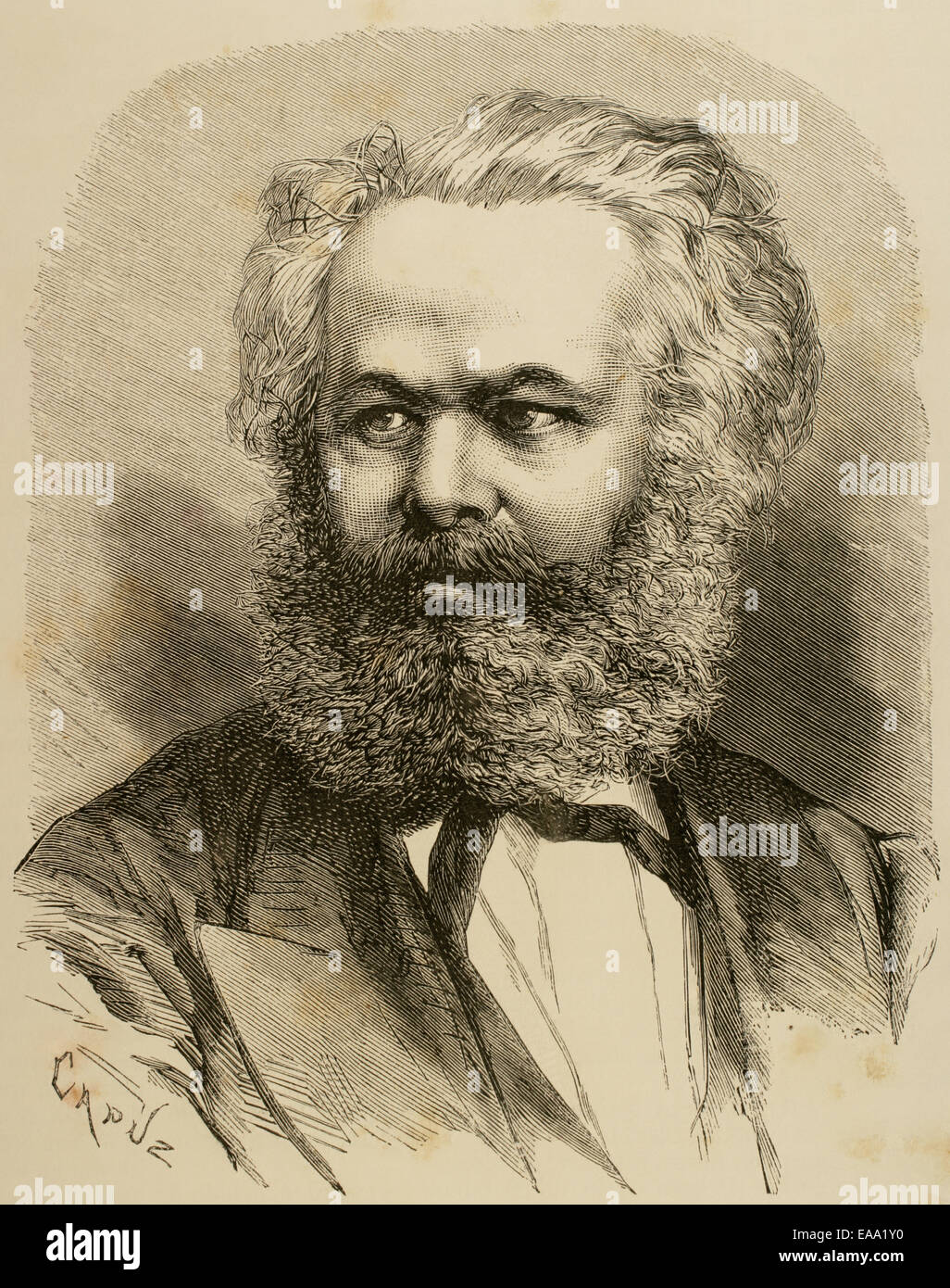 Karl Marx (1818-1883). Deutscher Philosoph, Nationalökonom und Kommunist. Porträt. Kupferstich von Capuz. Stockfoto