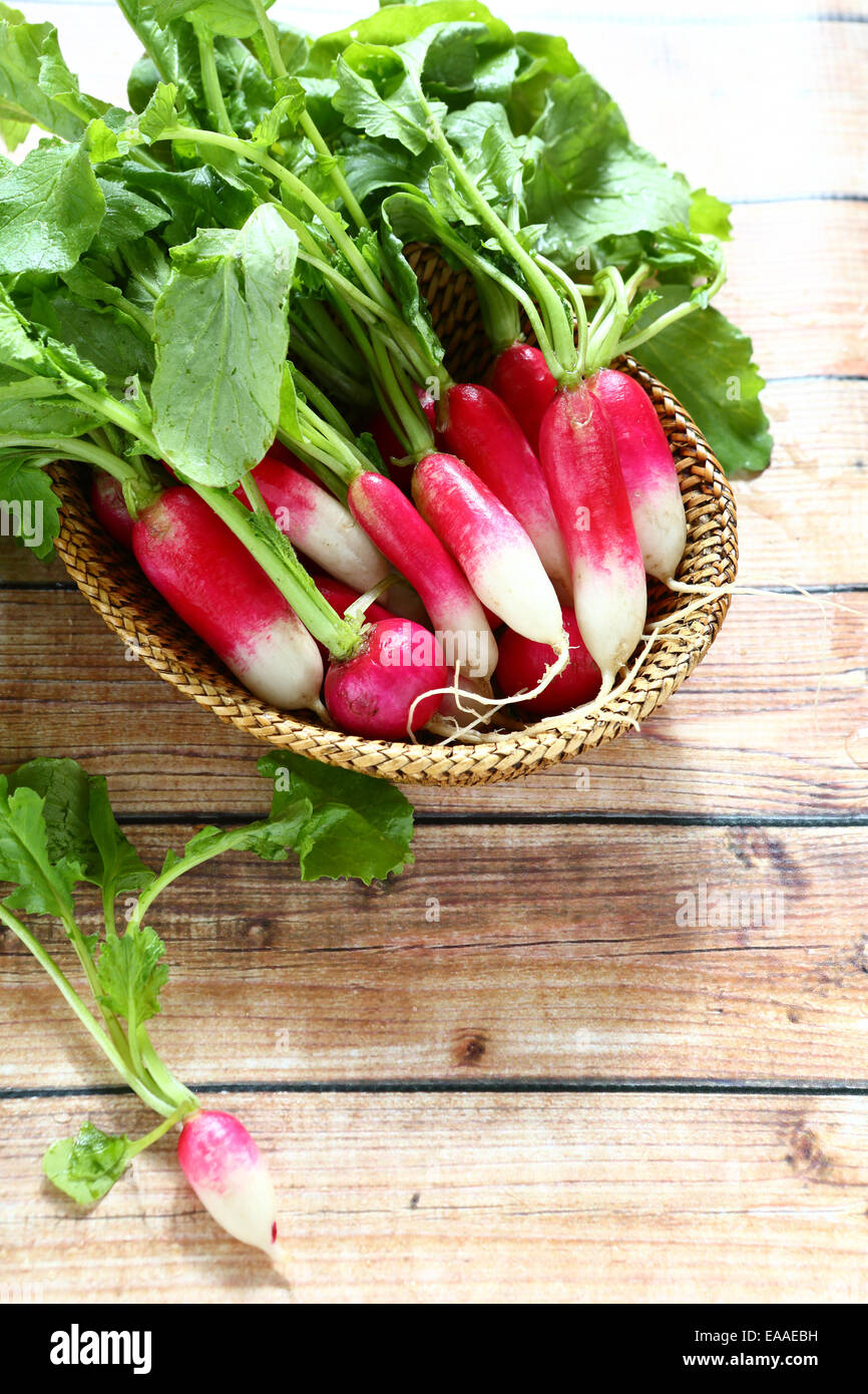 Radieschen in einem Weidenkorb, Gemüse Stockfoto