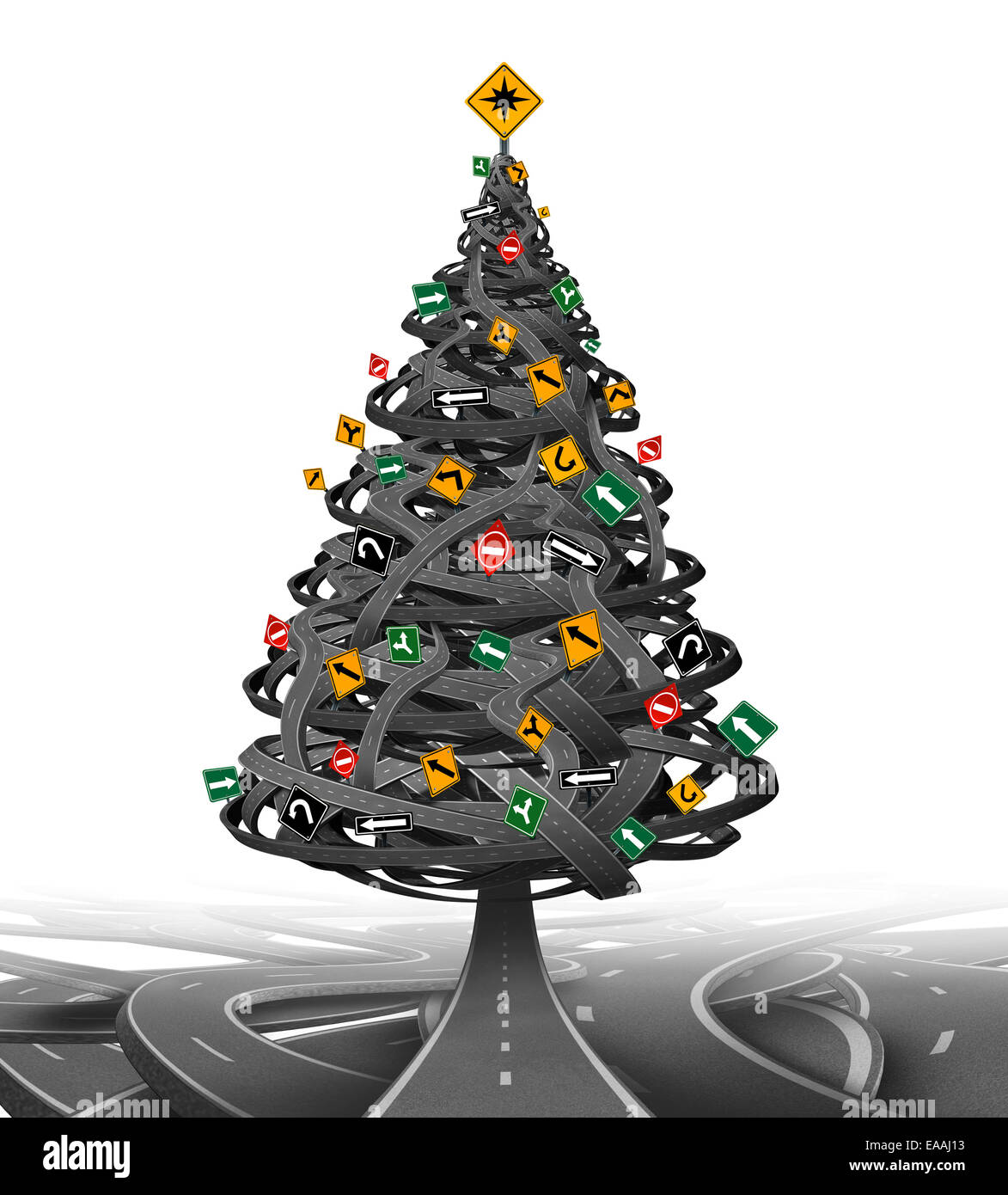 Kreative Weihnachtsbaum gemacht aus einer Gruppe von verschlungenen Straßen und Autobahnen mit Verkehrszeichen als Dekoration Schmuck als symbol Stockfoto