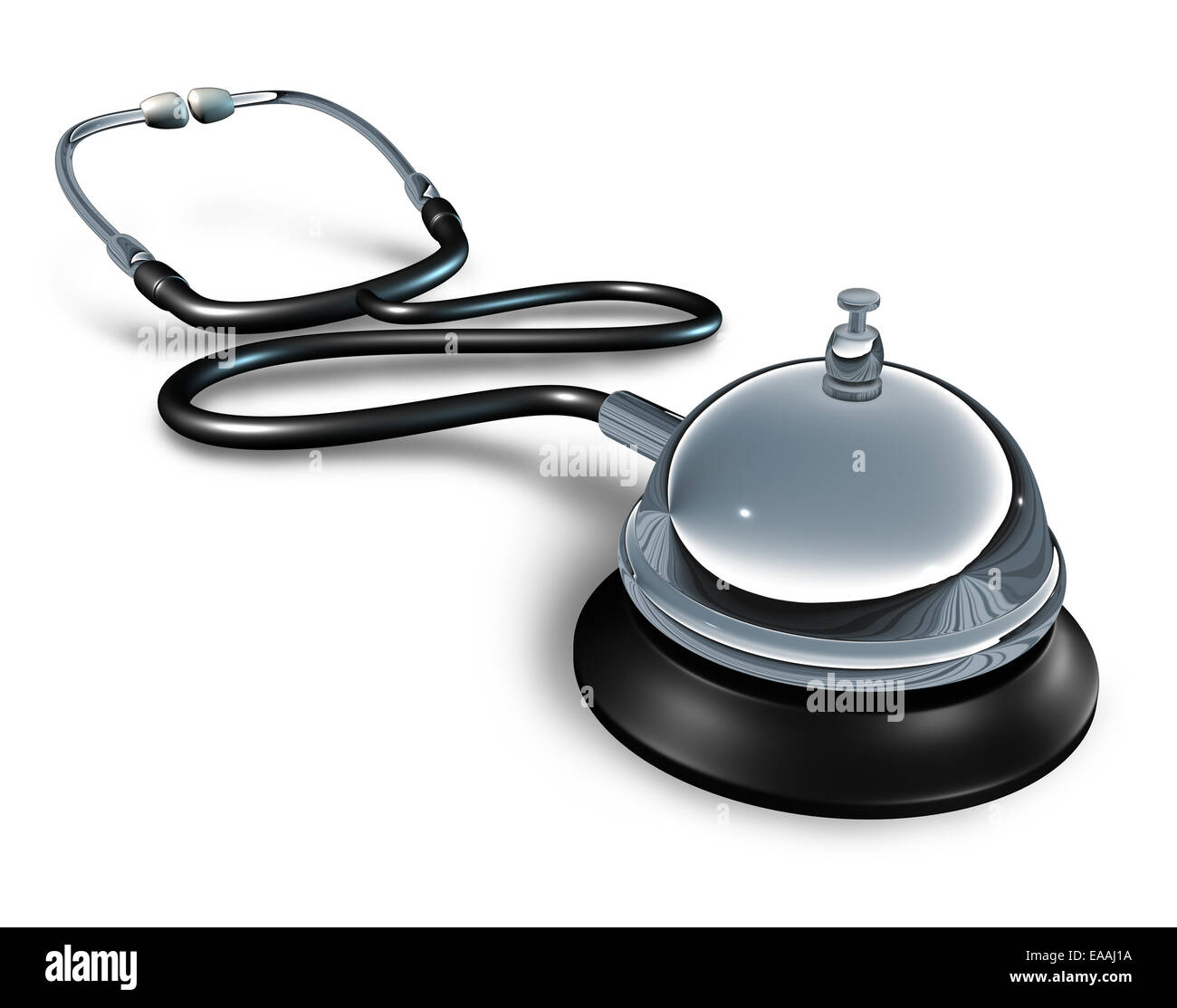 Medizinische Dienstleistungen und private Medizin-Konzept als ein Arzt Stethoskop mit einer Service-Glocke als Symbol des Krankenhaus Gesundheitswesen Patientenbehandlung Servicequalität. Stockfoto
