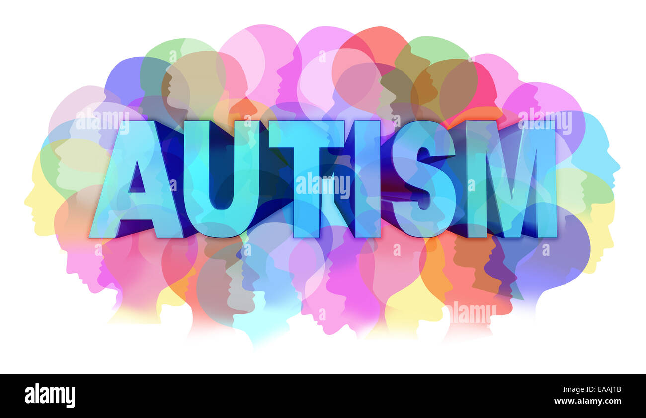 Autismusdiagnose und autistischen Störung Konzept oder ASD-Konzept als eine Gruppe von menschlichen Gesichtern zeigt die Farbe Specrtrum als eine psychische Stockfoto