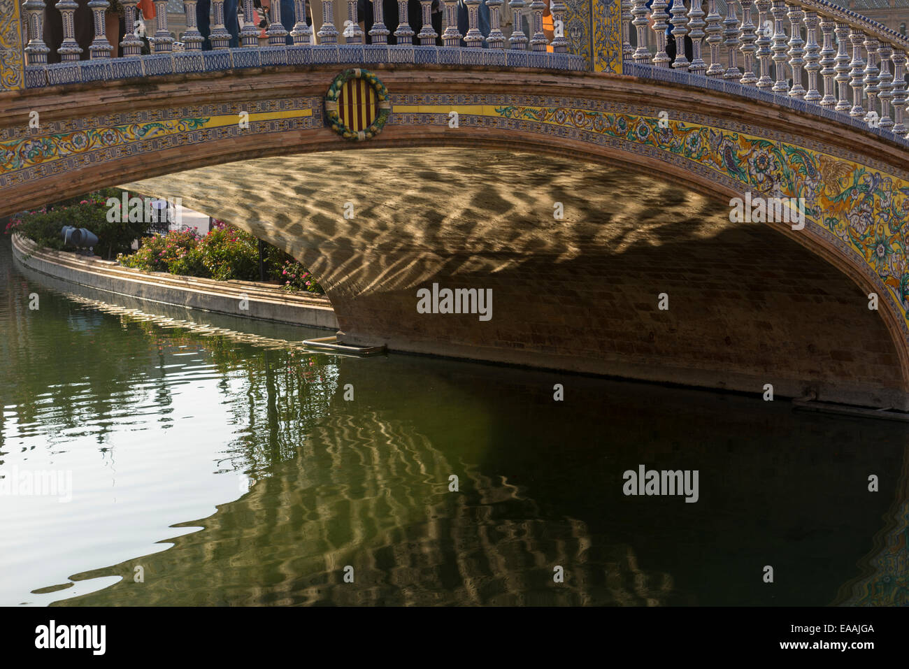 Reflexionen, Plaza de España, Parque Maria Luisa, Sevilla zu überbrücken Stockfoto